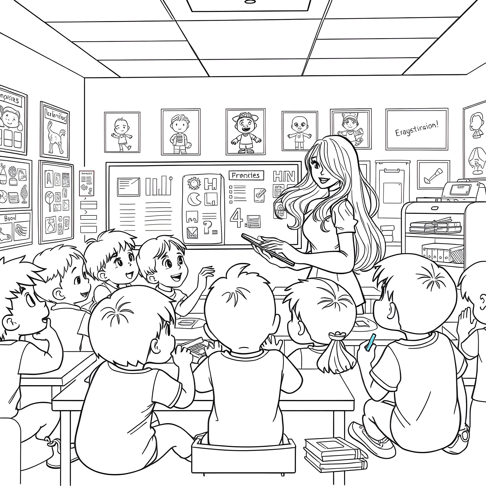 Kid learning in classroom with teacher Coloring Page (free black-and-white line drawing printable PDF for all, from beginners to advanced learners, including children, teens, adults, and seniors)