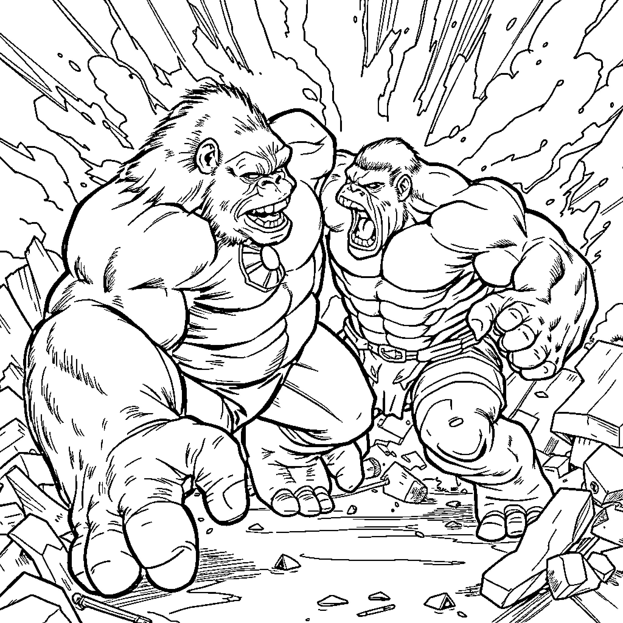 Gorilla Superheroes Battling in an Epic Showdown Coloring Page (free black-and-white line drawing printable PDF for all, from beginners to advanced learners, including children, teens, adults, and seniors)