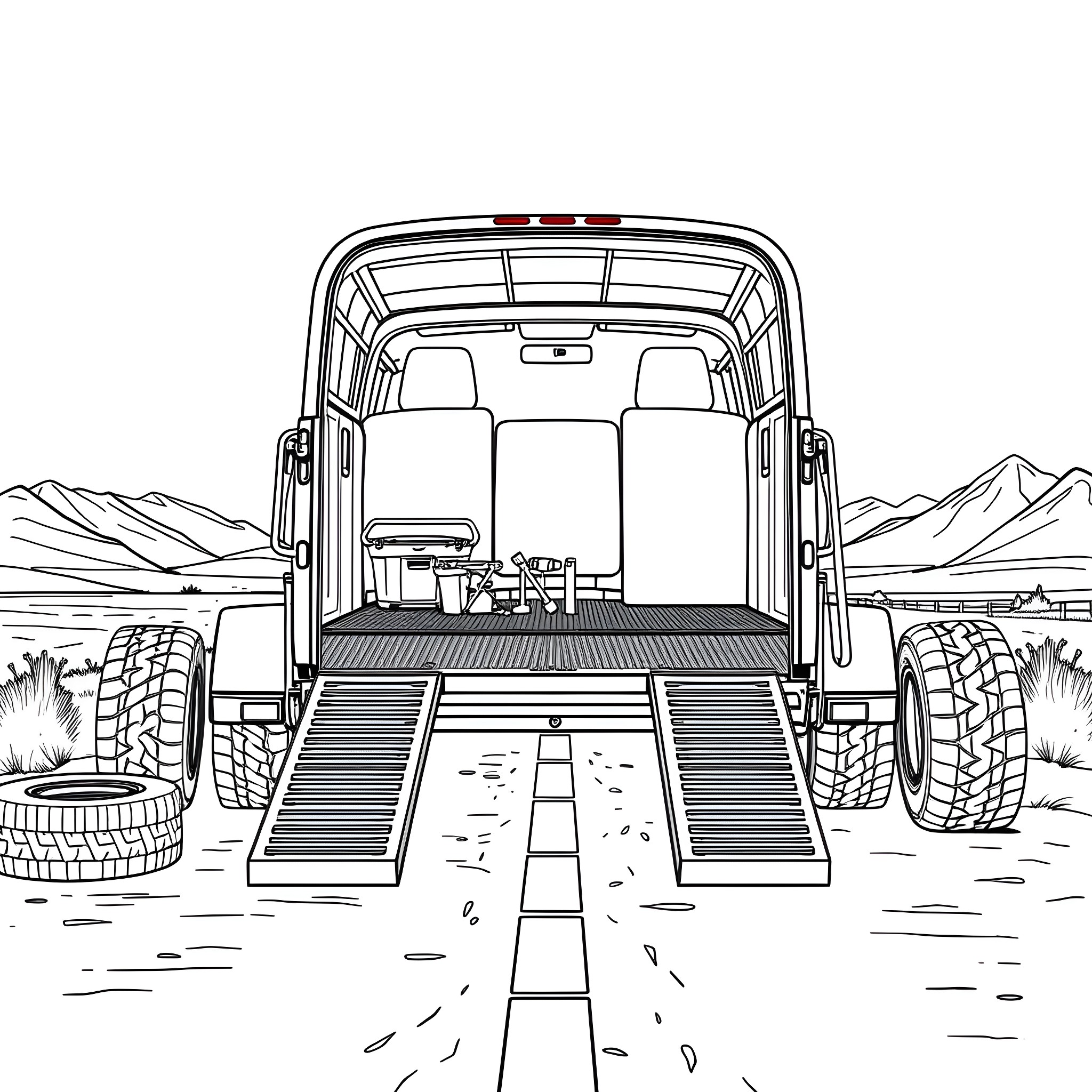 Car Trailer Transporting Outdoor Adventurous Equipment Coloring Page (free black-and-white line drawing printable PDF for all, from beginners to advanced learners, including children, teens, adults, and seniors)