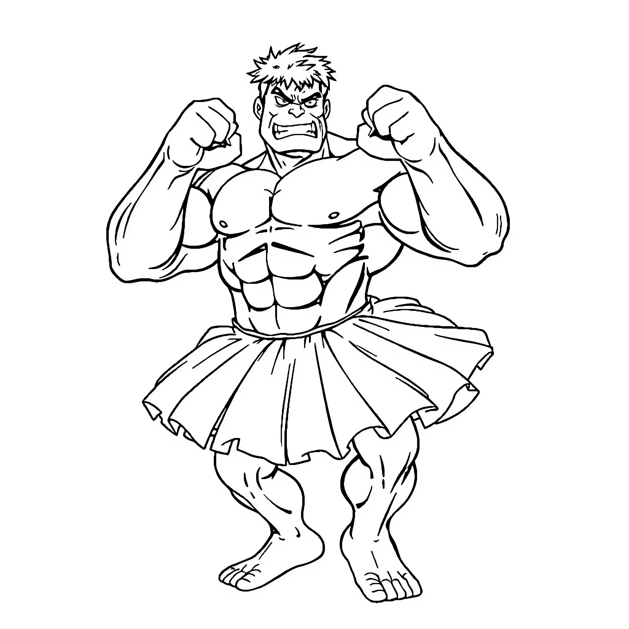 Hulk Flexing Muscles in Fighting Stance Coloring Page (free black-and-white line drawing printable PDF for all, from beginners to advanced learners, including children, teens, adults, and seniors)