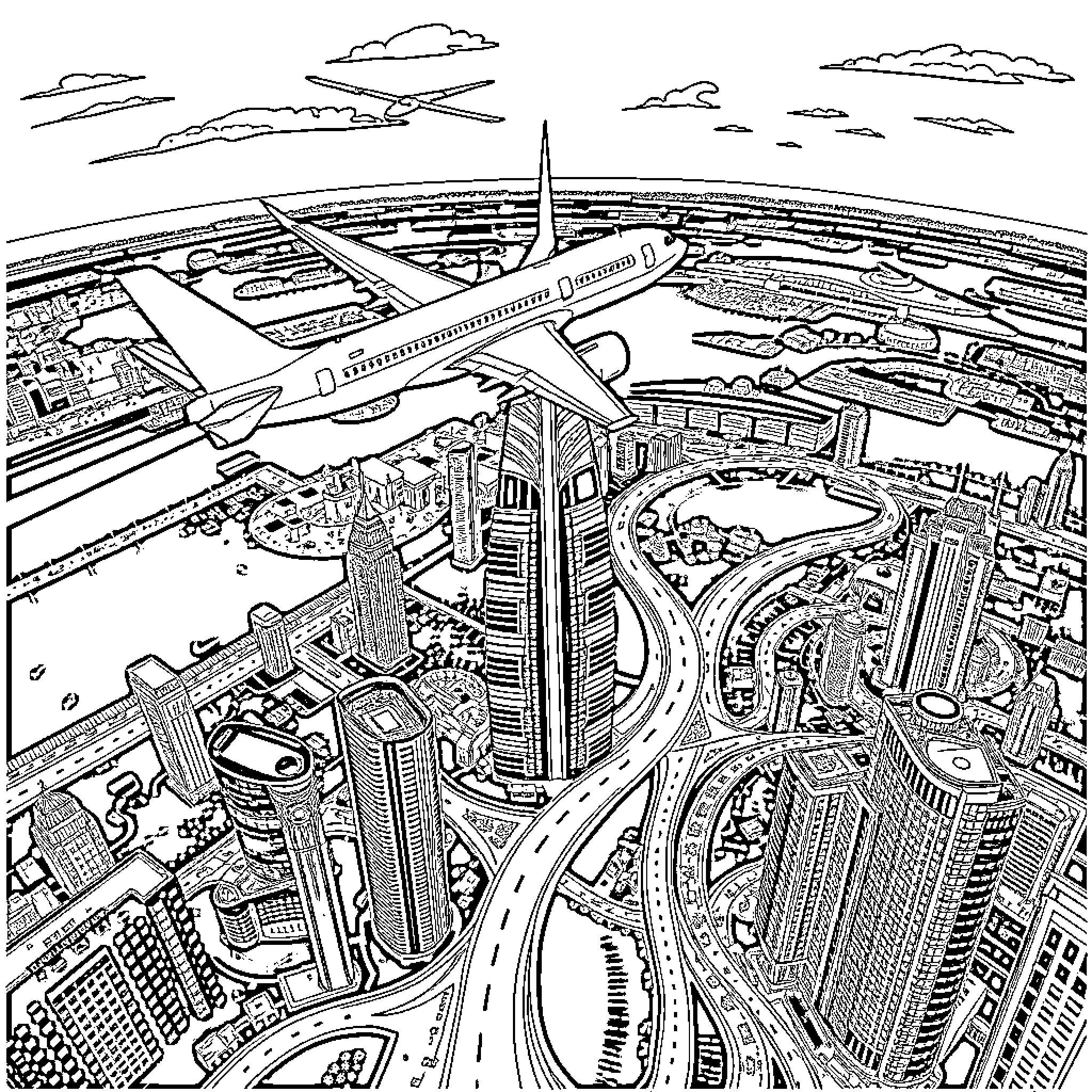 Aeroplane soaring over bustling city skyline Coloring Page (free black-and-white line drawing printable PDF for all, from beginners to advanced learners, including children, teens, adults, and seniors)