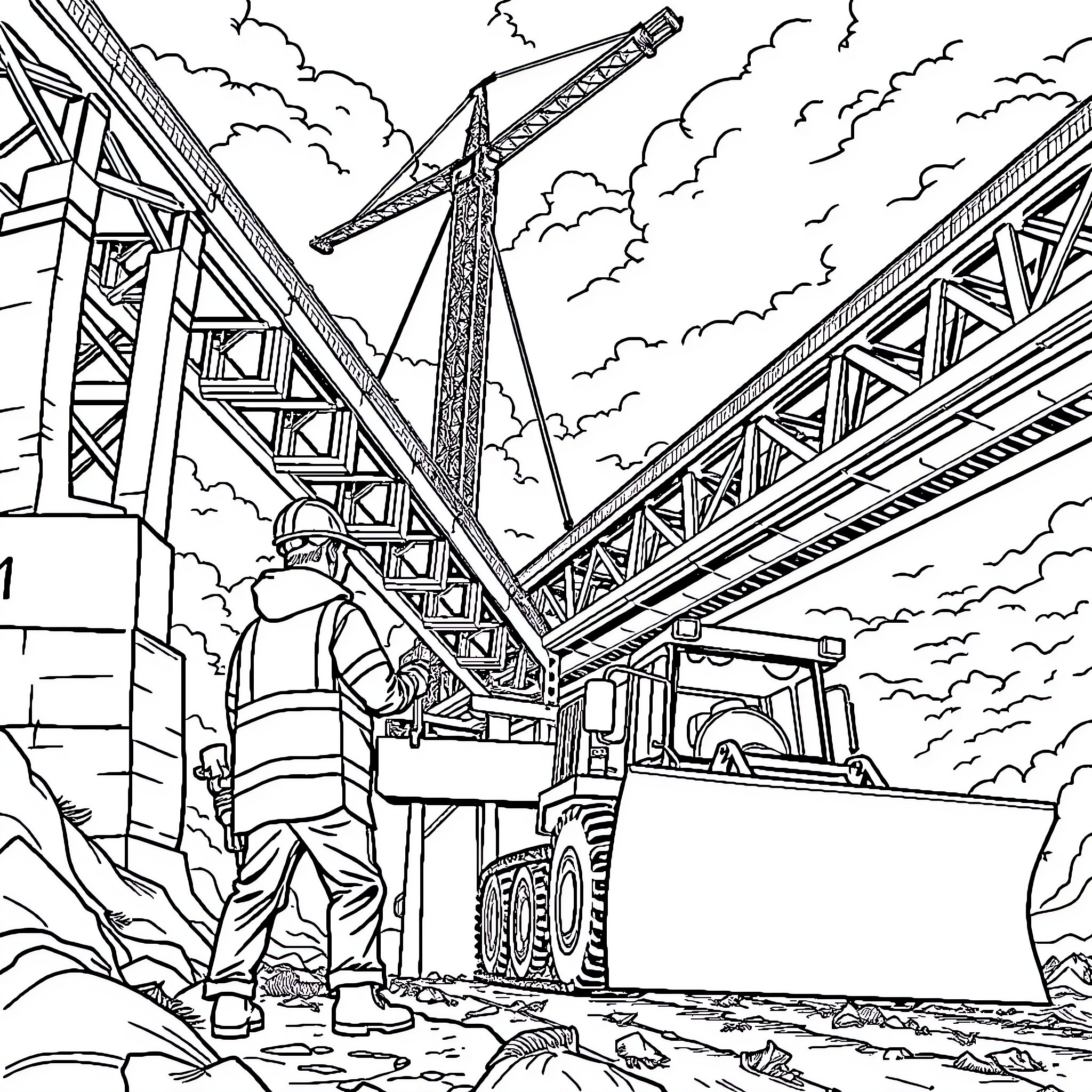 Construction Worker Operating Heavy Machinery on Bridge Site Coloring Page (free black-and-white line drawing printable PDF for all, from beginners to advanced learners, including children, teens, adults, and seniors)