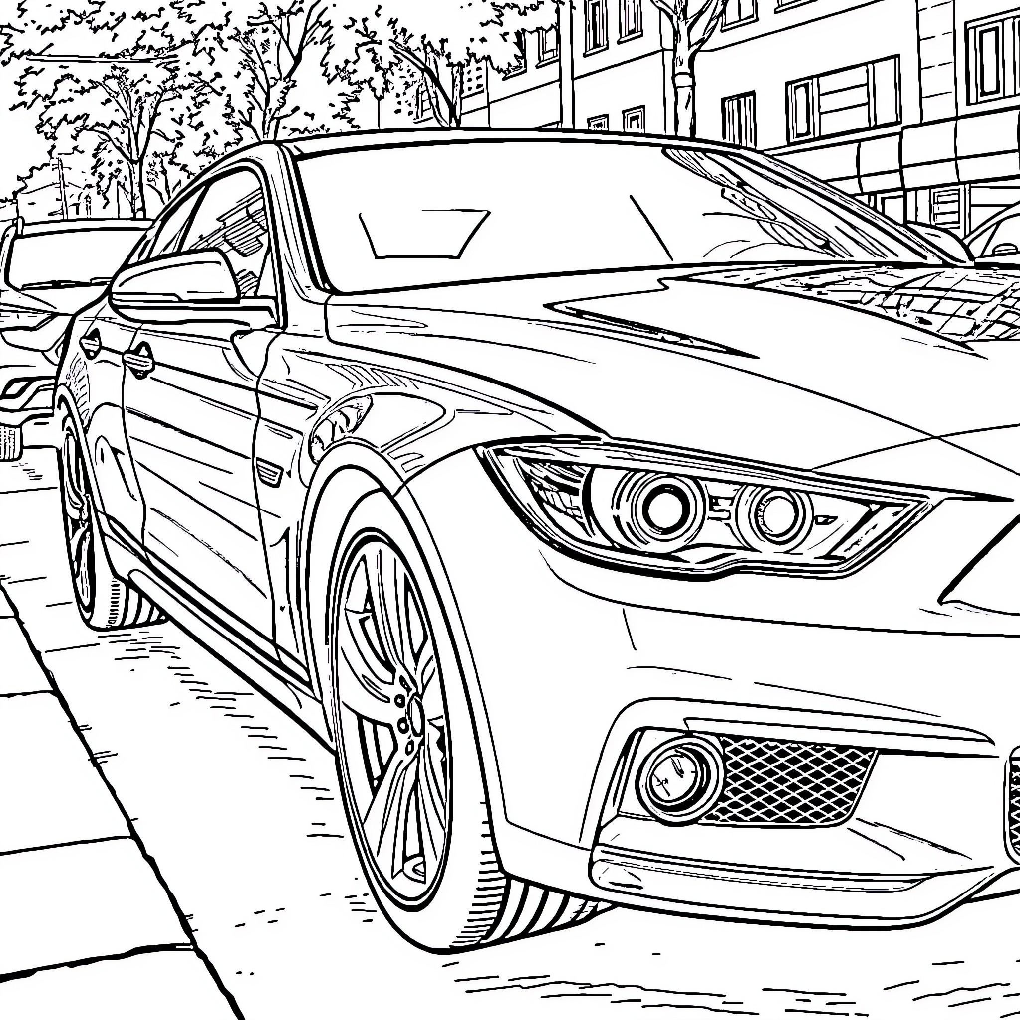 Car speeding through the city street Coloring Page (free black-and-white line drawing printable PDF for all, from beginners to advanced learners, including children, teens, adults, and seniors)