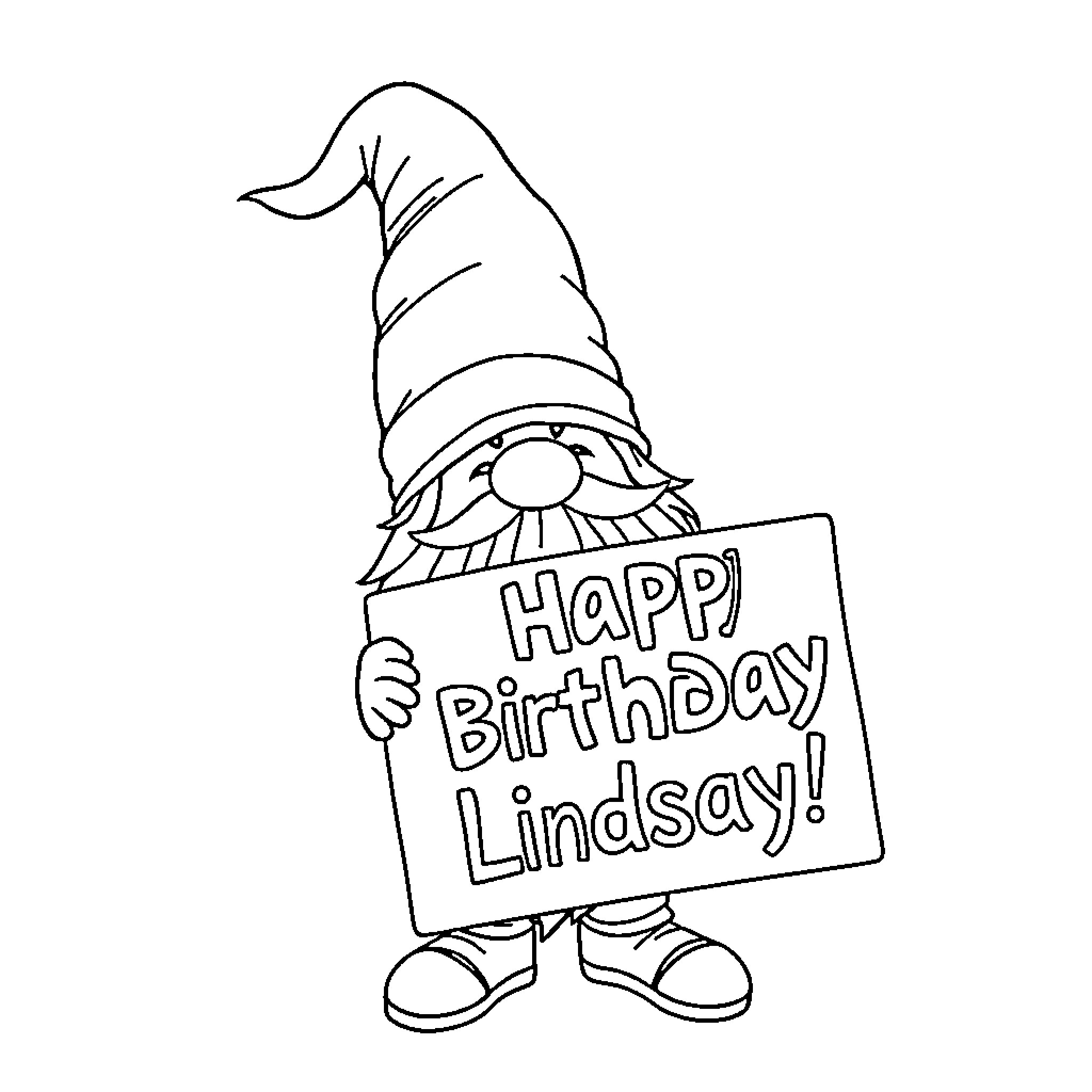 Gnome holding birthday sign for Lindsay Coloring Page (free black-and-white line drawing printable PDF for all, from beginners to advanced learners, including children, teens, adults, and seniors)