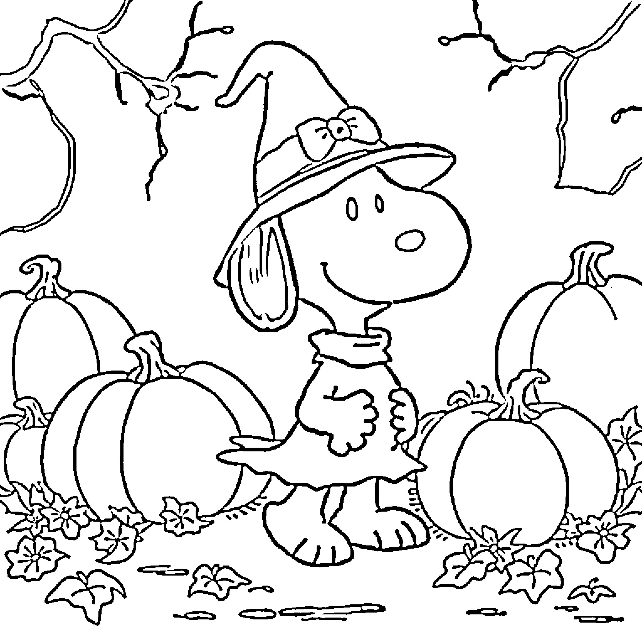 Snoopy enjoying the pumpkin patch Coloring Page (free black-and-white line drawing printable PDF for all, from beginners to advanced learners, including children, teens, adults, and seniors)