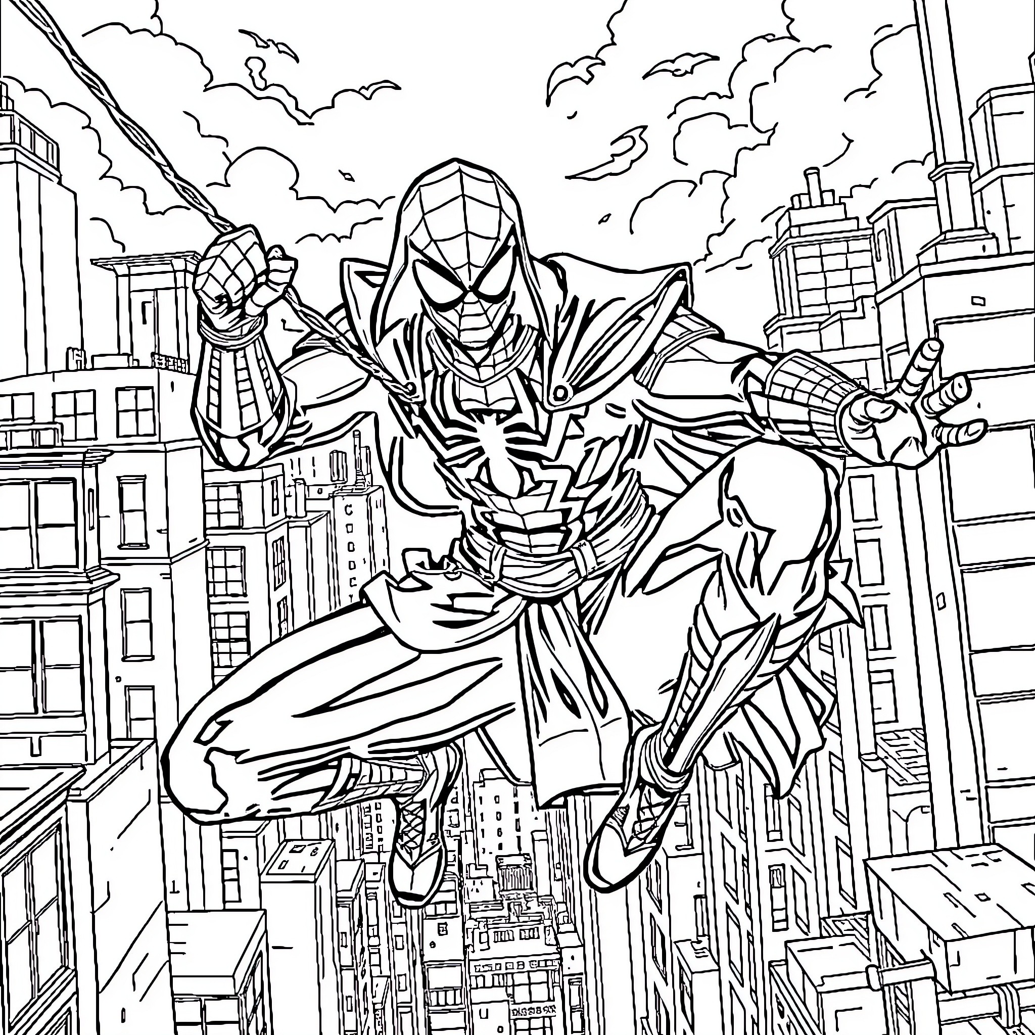 Samurai Spiderman leaping through the city skyline Coloring Page (free black-and-white line drawing printable PDF for all, from beginners to advanced learners, including children, teens, adults, and seniors)