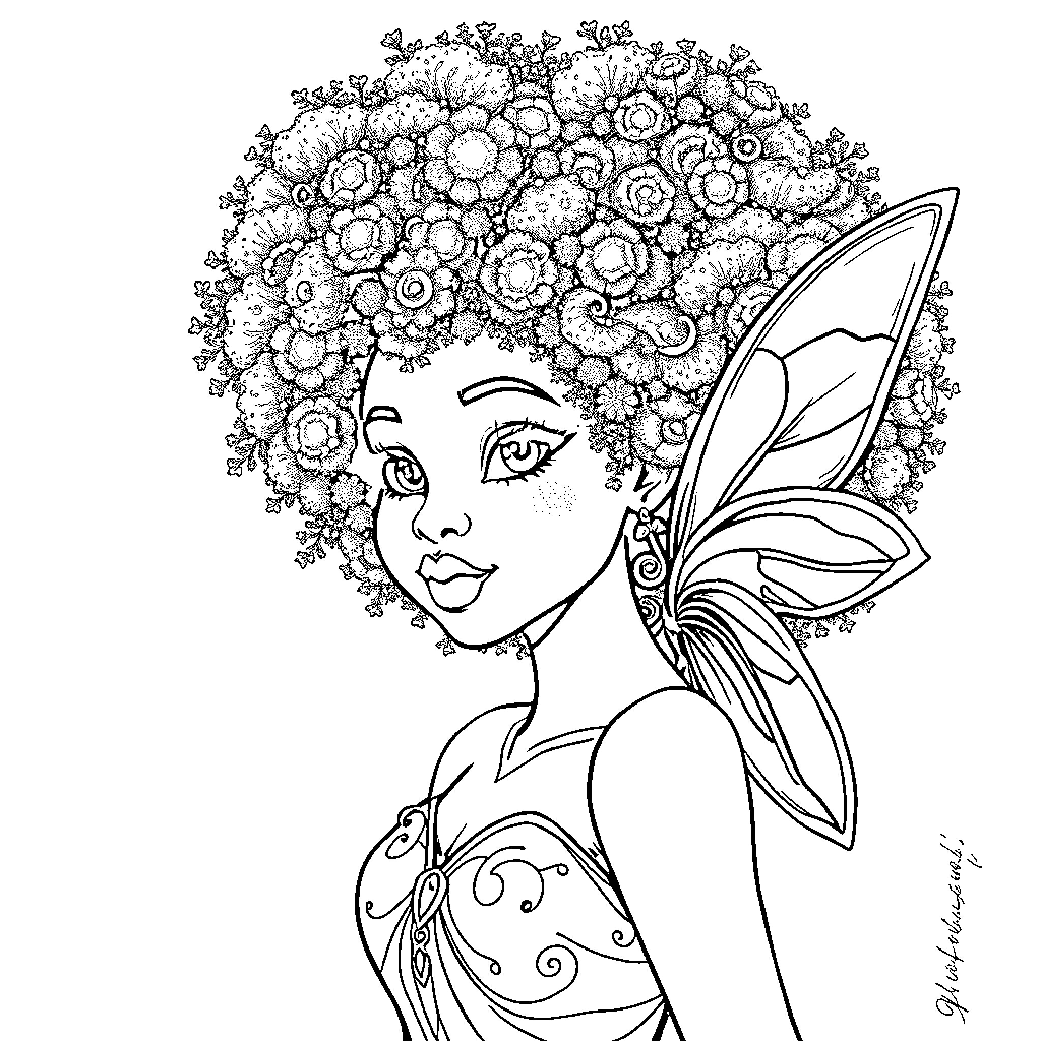 Fairy Princess in Floral Wonderland Coloring Page (free black-and-white line drawing printable PDF for all, from beginners to advanced learners, including children, teens, adults, and seniors)