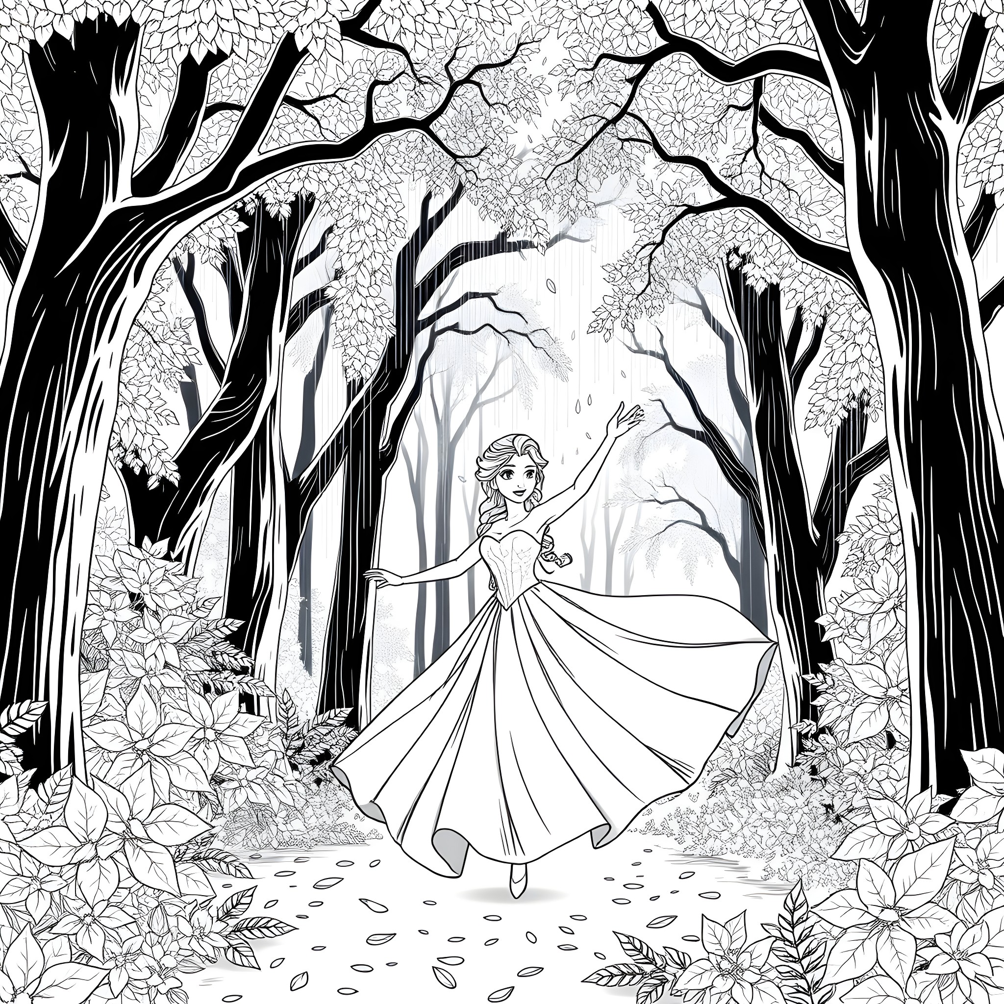 Elsa's Enchanted Forest Adventure Coloring Page (free black-and-white line drawing printable PDF for all, from beginners to advanced learners, including children, teens, adults, and seniors)