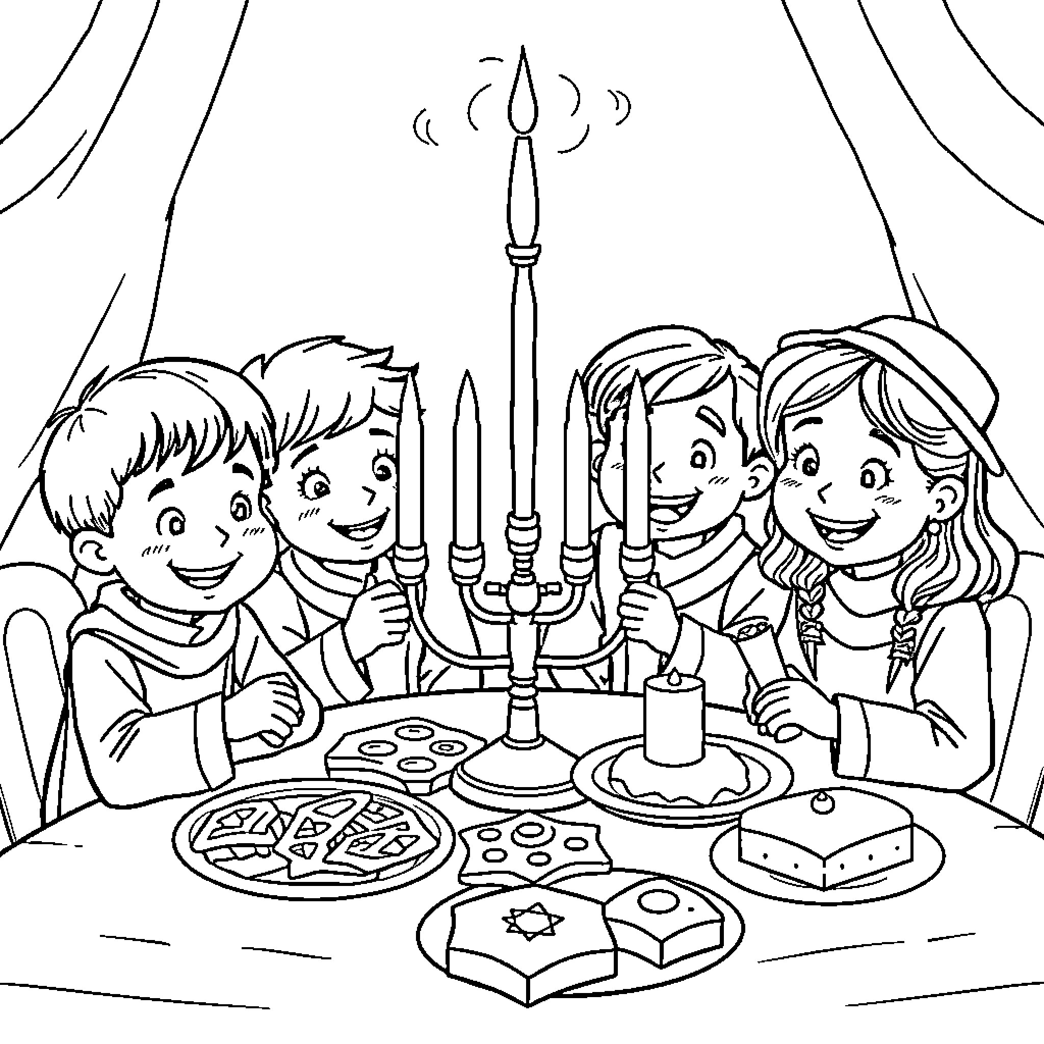 Kid friends celebrating Hanukkah with traditional meals Coloring Page (free black-and-white line drawing printable PDF for all, from beginners to advanced learners, including children, teens, adults, and seniors)