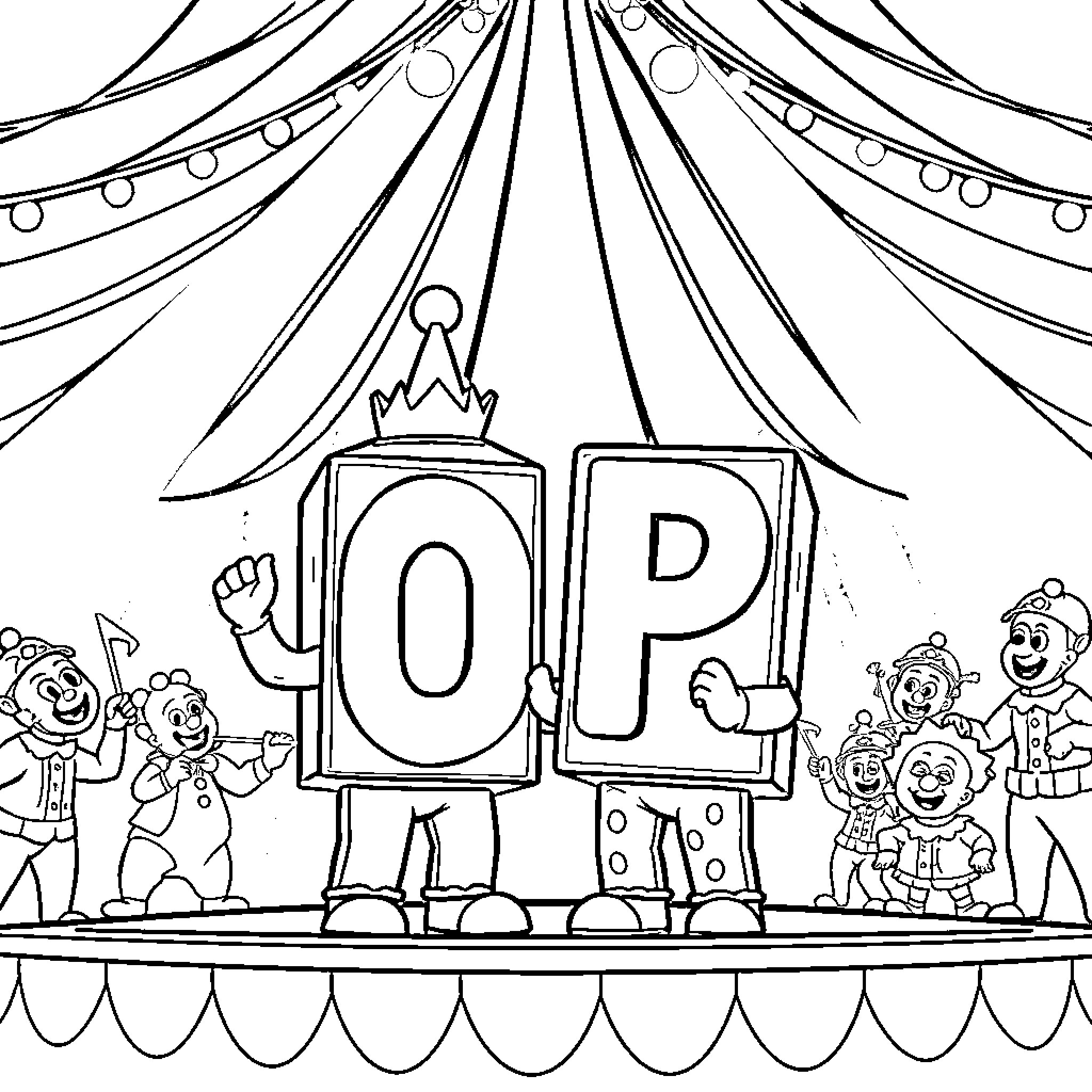 Alphablocks Putting on a Circus Performance Coloring Page (free black-and-white line drawing printable PDF for all, from beginners to advanced learners, including children, teens, adults, and seniors)