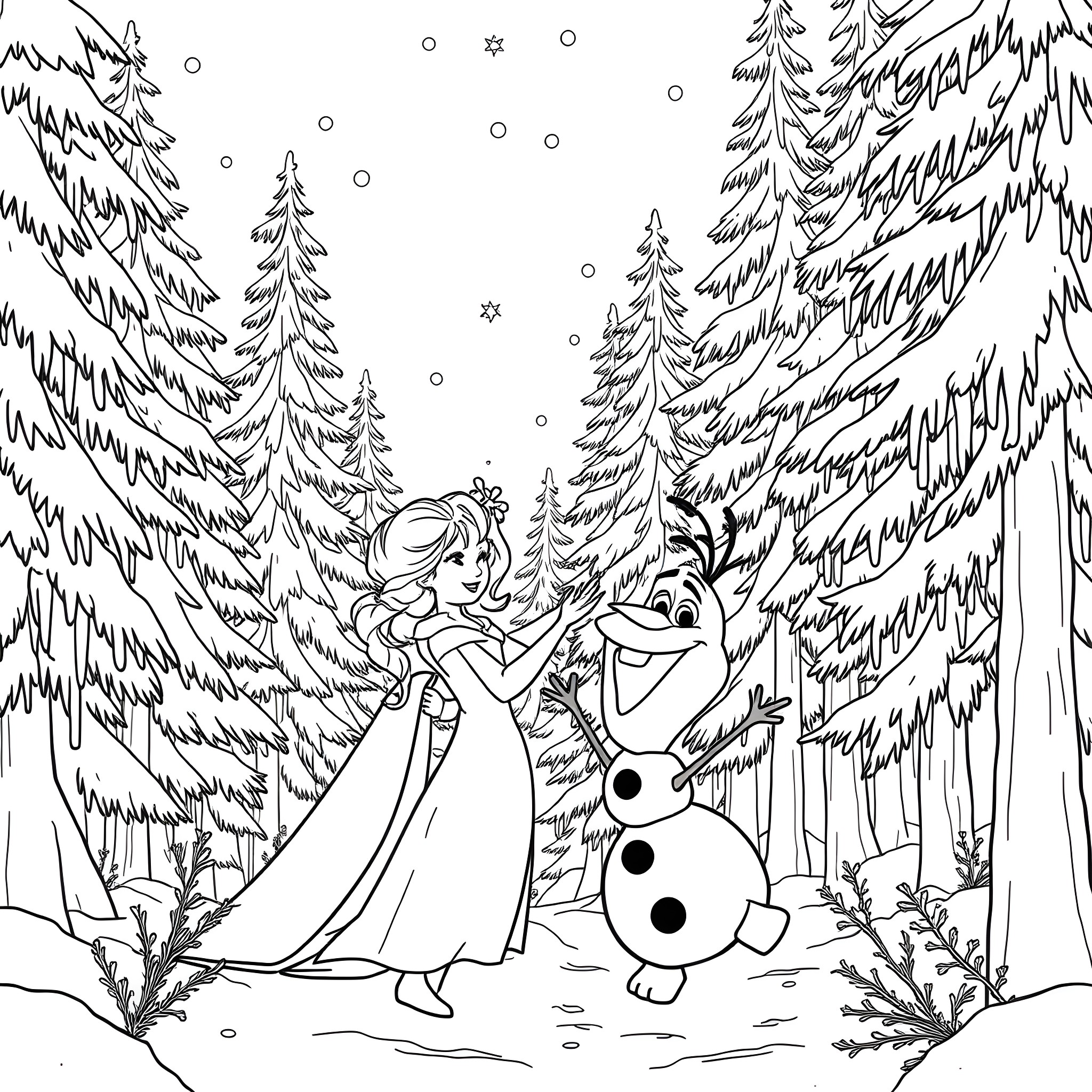 Elsa and Olaf enjoying a snowy winter wonderland Coloring Page (free black-and-white line drawing printable PDF for all, from beginners to advanced learners, including children, teens, adults, and seniors)
