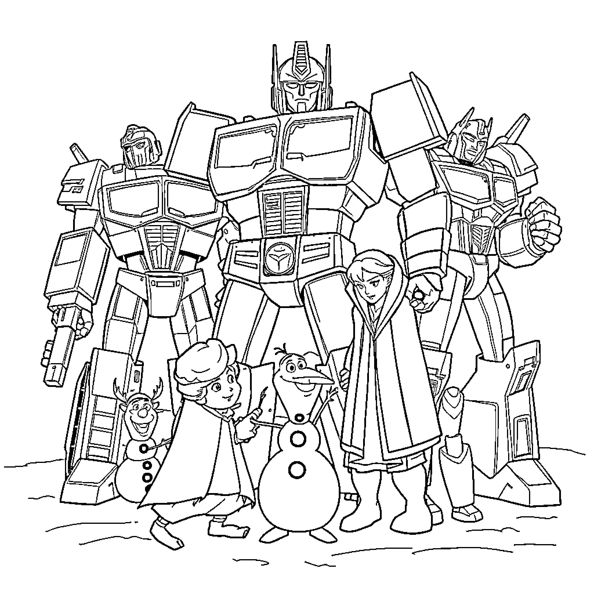 Optimus Prime and Friends in Epic Scene Coloring Page (free black-and-white line drawing printable PDF for all, from beginners to advanced learners, including children, teens, adults, and seniors)