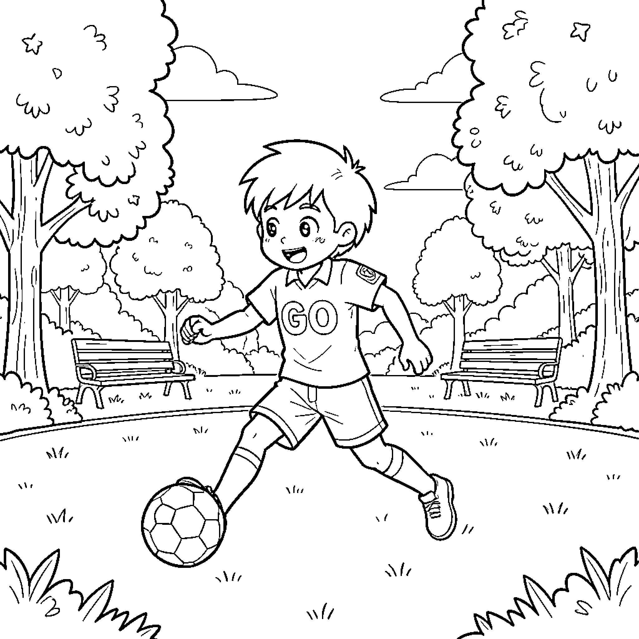 Gogo boy playing soccer in a park Coloring Page (free black-and-white line drawing printable PDF for all, from beginners to advanced learners, including children, teens, adults, and seniors)