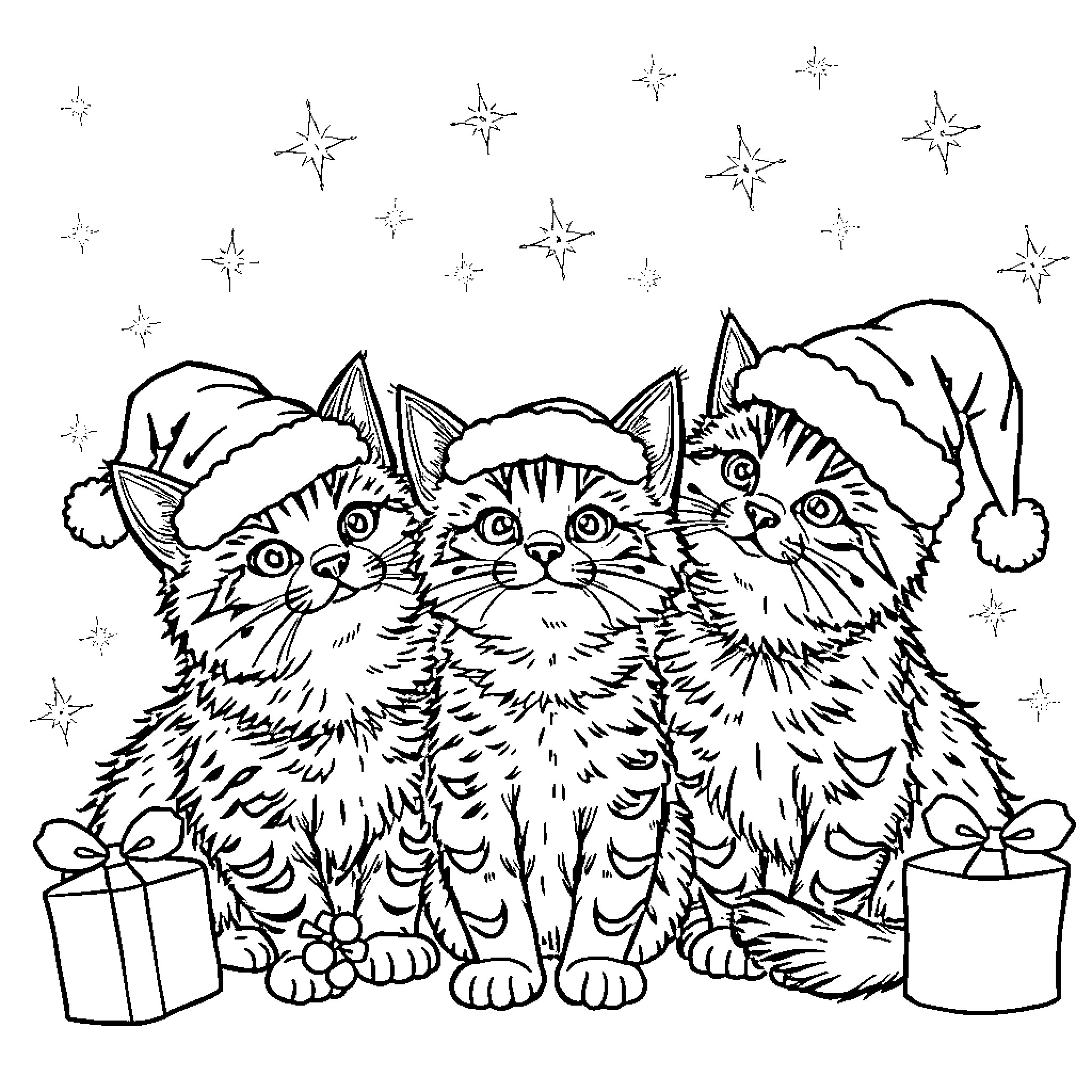 Cat Christmas Kittens with Gifts Coloring Page (free black-and-white line drawing printable PDF for all, from beginners to advanced learners, including children, teens, adults, and seniors)