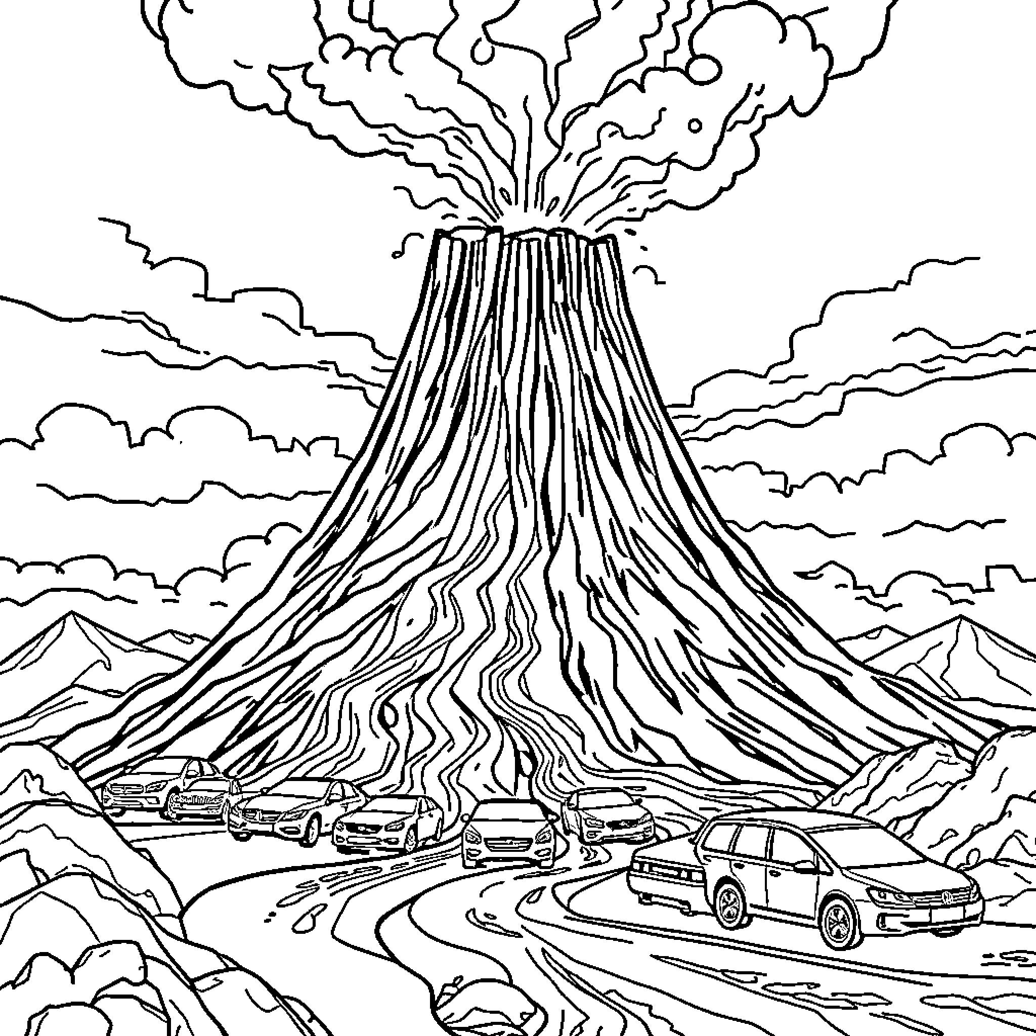 Volcano erupting with dramatic clouds and vehicles Coloring Page (free black-and-white line drawing printable PDF for all, from beginners to advanced learners, including children, teens, adults, and seniors)