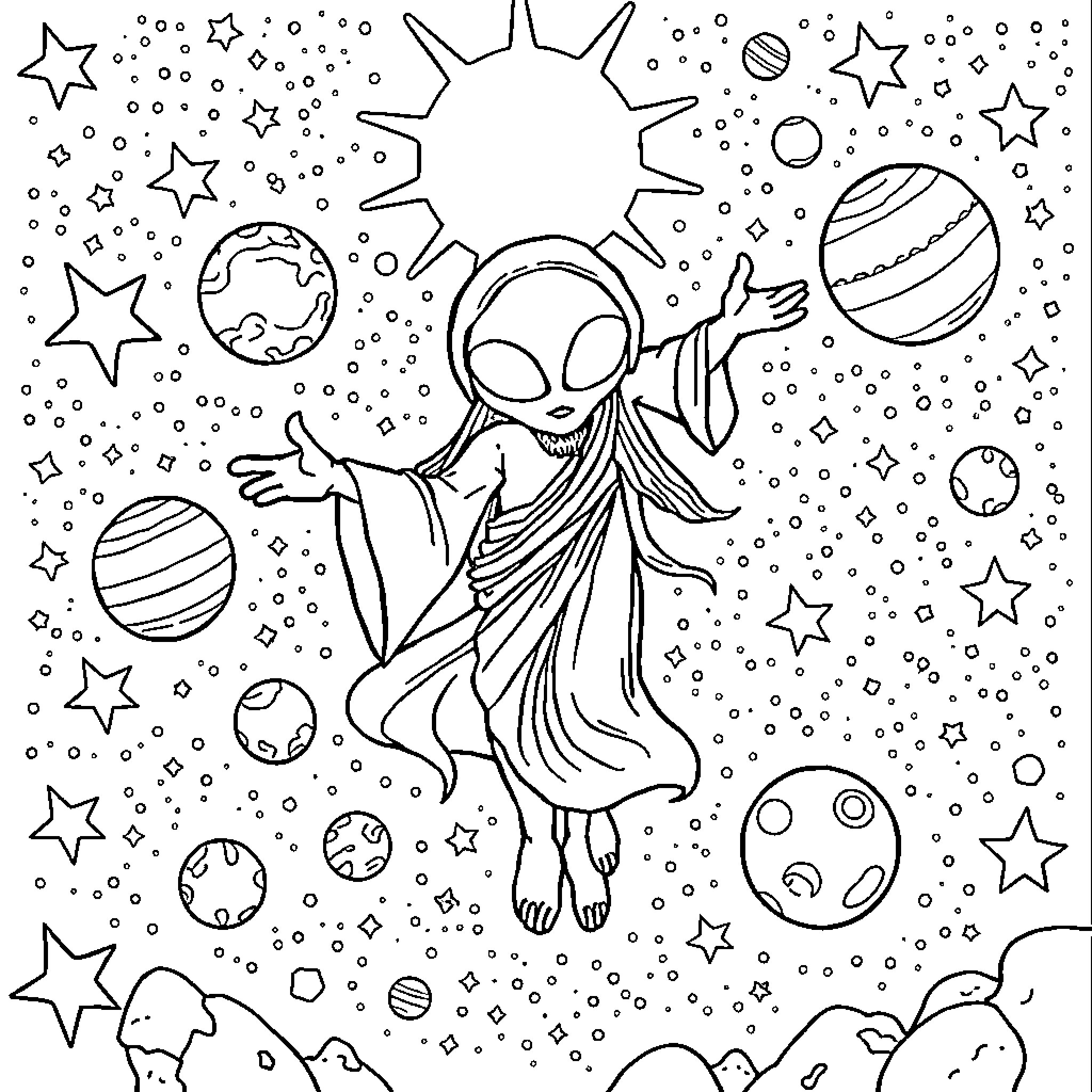 Alien Exploring the Cosmic Wonders Coloring Page (free black-and-white line drawing printable PDF for all, from beginners to advanced learners, including children, teens, adults, and seniors)