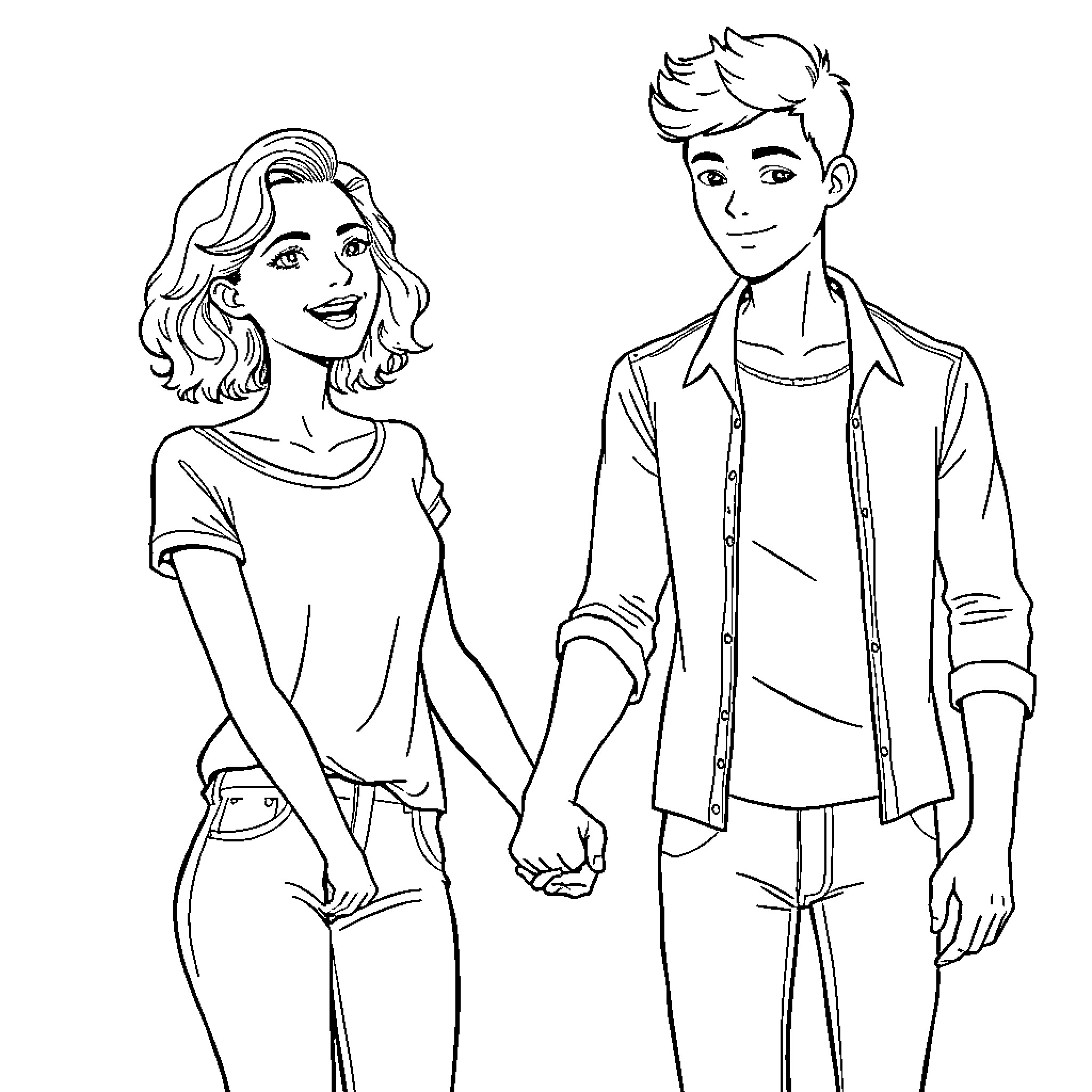 Girl and boy holding hands in casual outfits Coloring Page (free black-and-white line drawing printable PDF for all, from beginners to advanced learners, including children, teens, adults, and seniors)