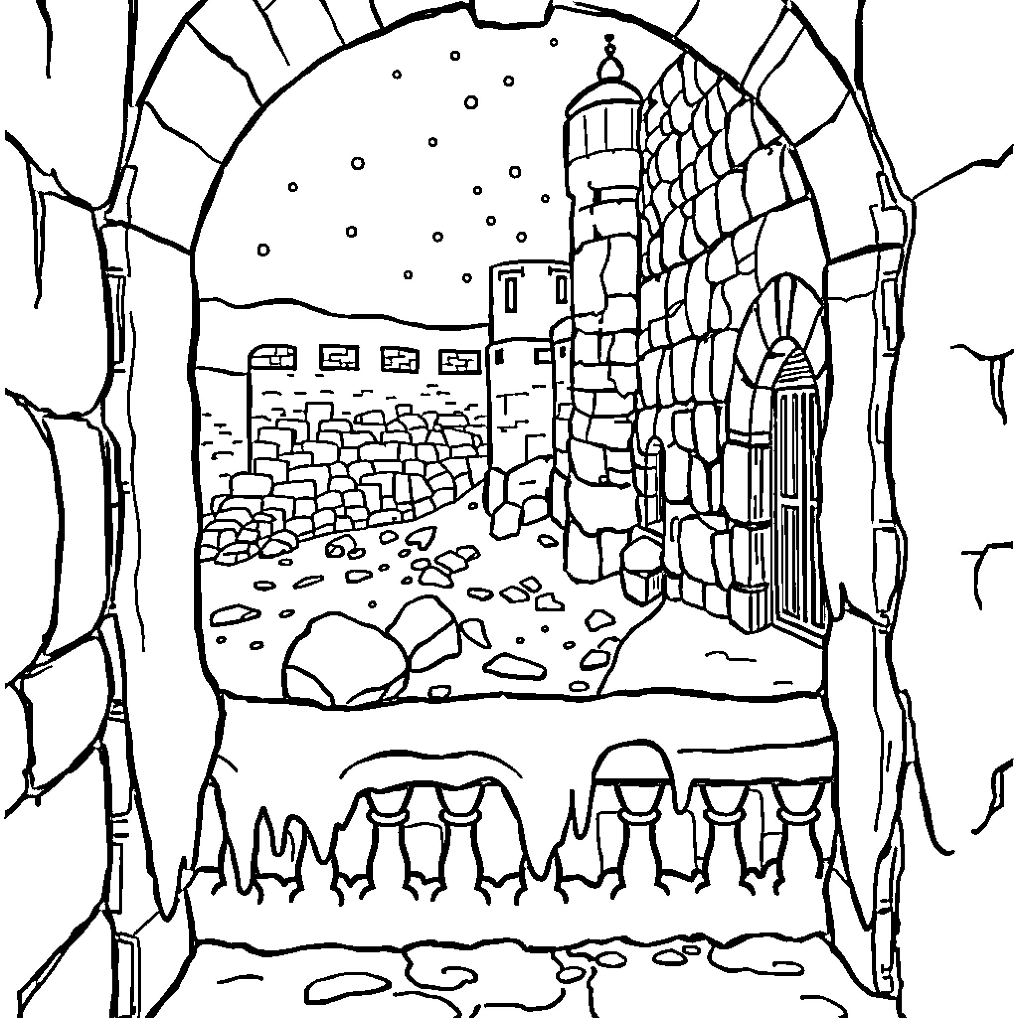 Frozen winter landscape with castle and archway Coloring Page (free black-and-white line drawing printable PDF for all, from beginners to advanced learners, including children, teens, adults, and seniors)