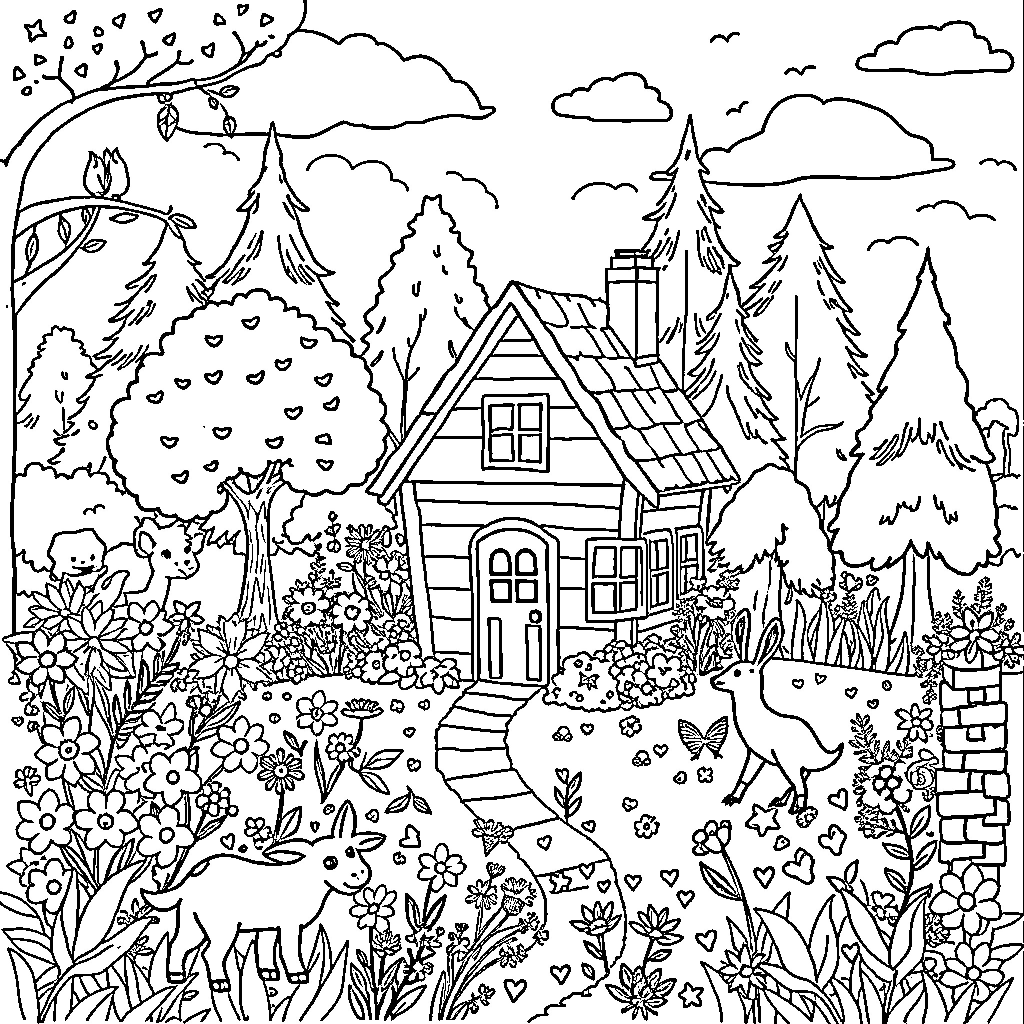 House in a Whimsical Forest Landscape Coloring Page (free black-and-white line drawing printable PDF for all, from beginners to advanced learners, including children, teens, adults, and seniors)