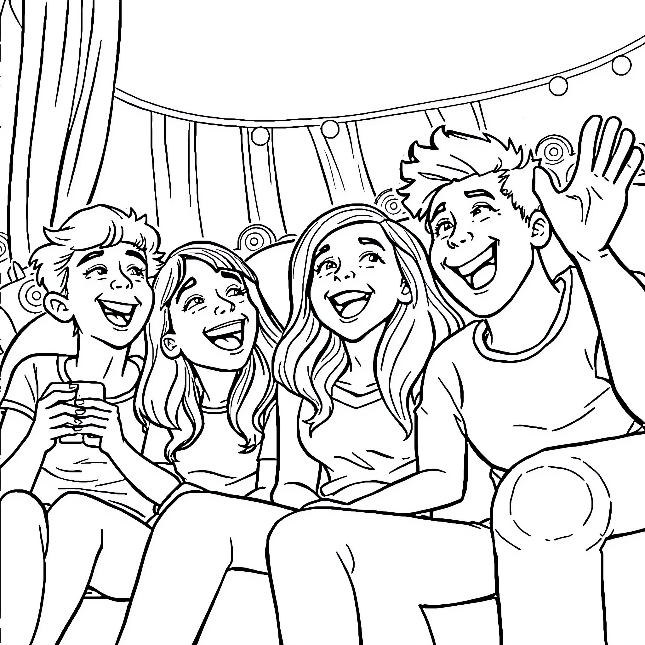 Bonnie Blue Friends Celebrating and Laughing Together Coloring Page (free black-and-white line drawing printable PDF for all, from beginners to advanced learners, including children, teens, adults, and seniors)