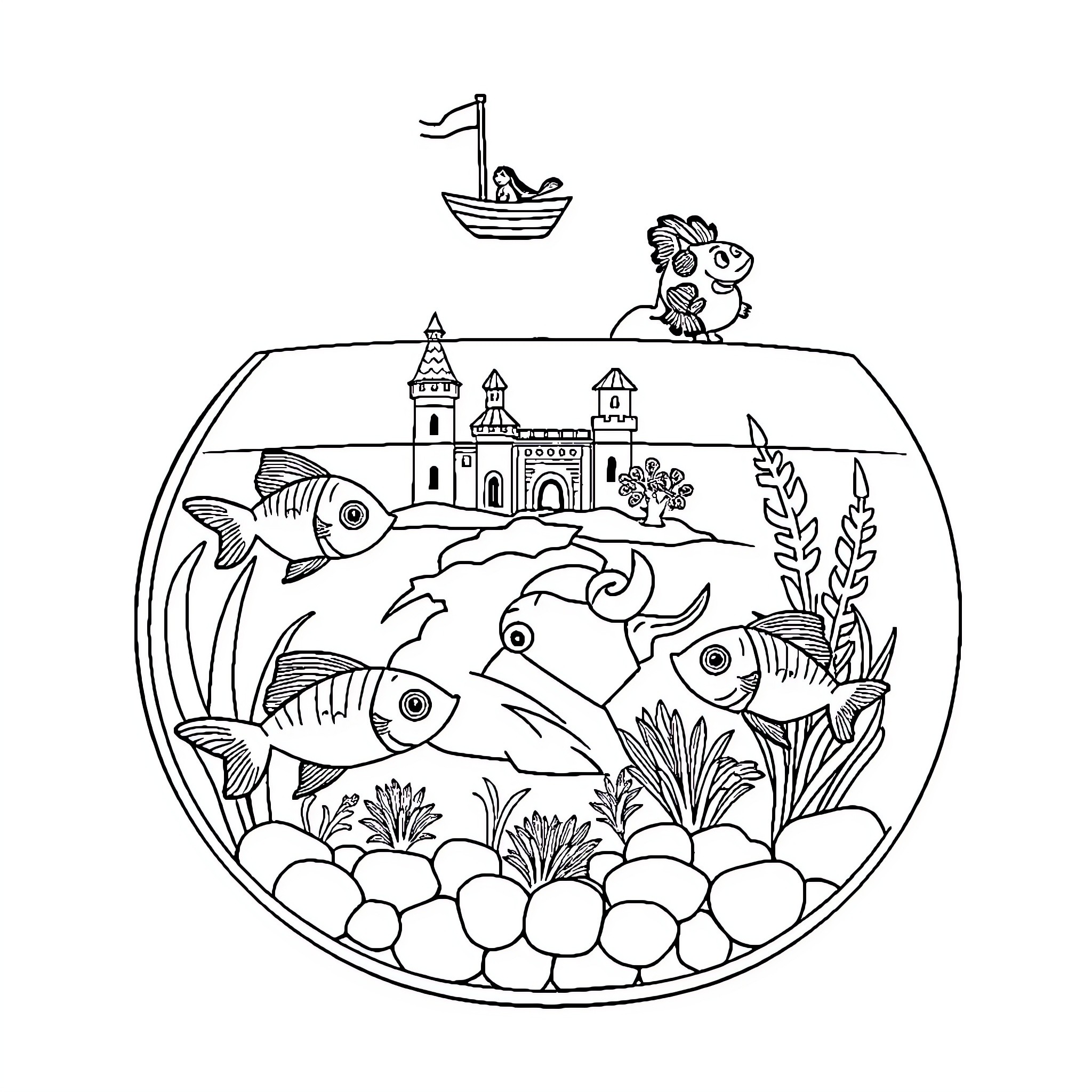 Tetra Fish exploring underwater aquarium landscape Coloring Page (free black-and-white line drawing printable PDF for all, from beginners to advanced learners, including children, teens, adults, and seniors)