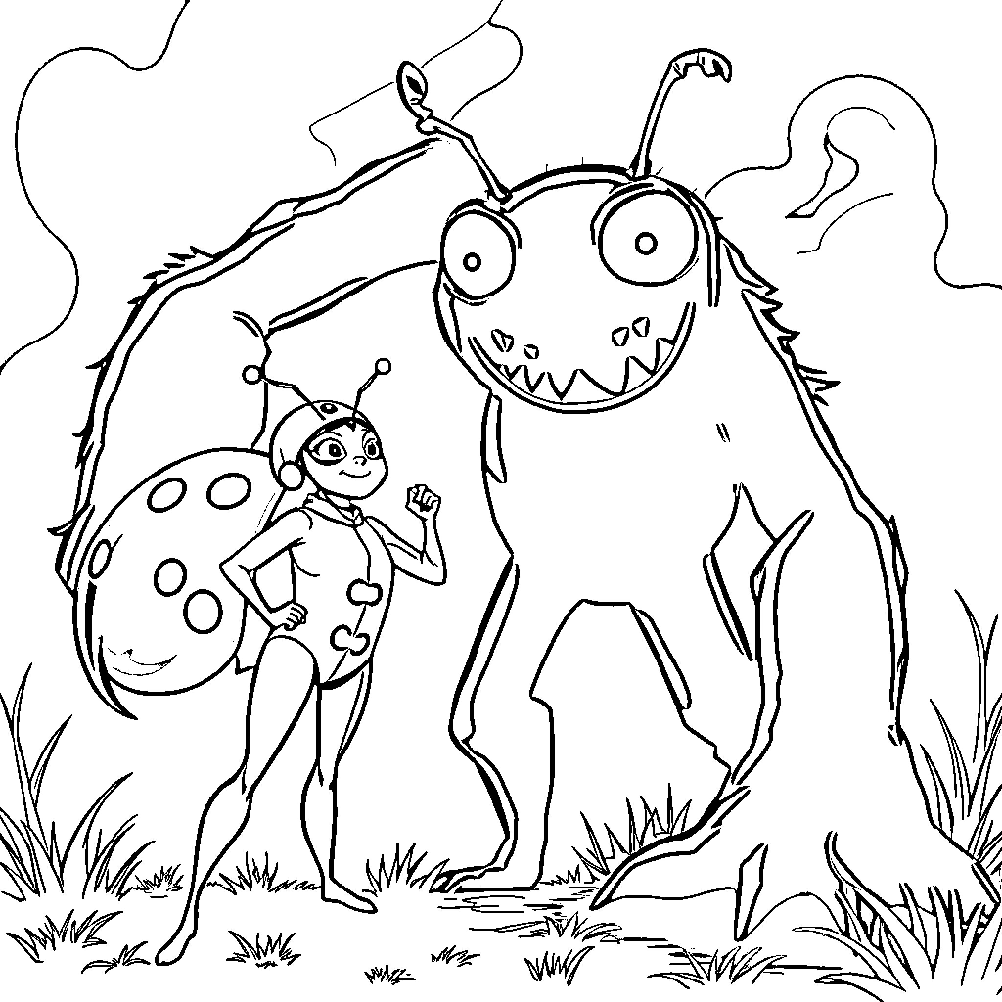 Monster friends having a friendly encounter Coloring Page (free black-and-white line drawing printable PDF for all, from beginners to advanced learners, including children, teens, adults, and seniors)