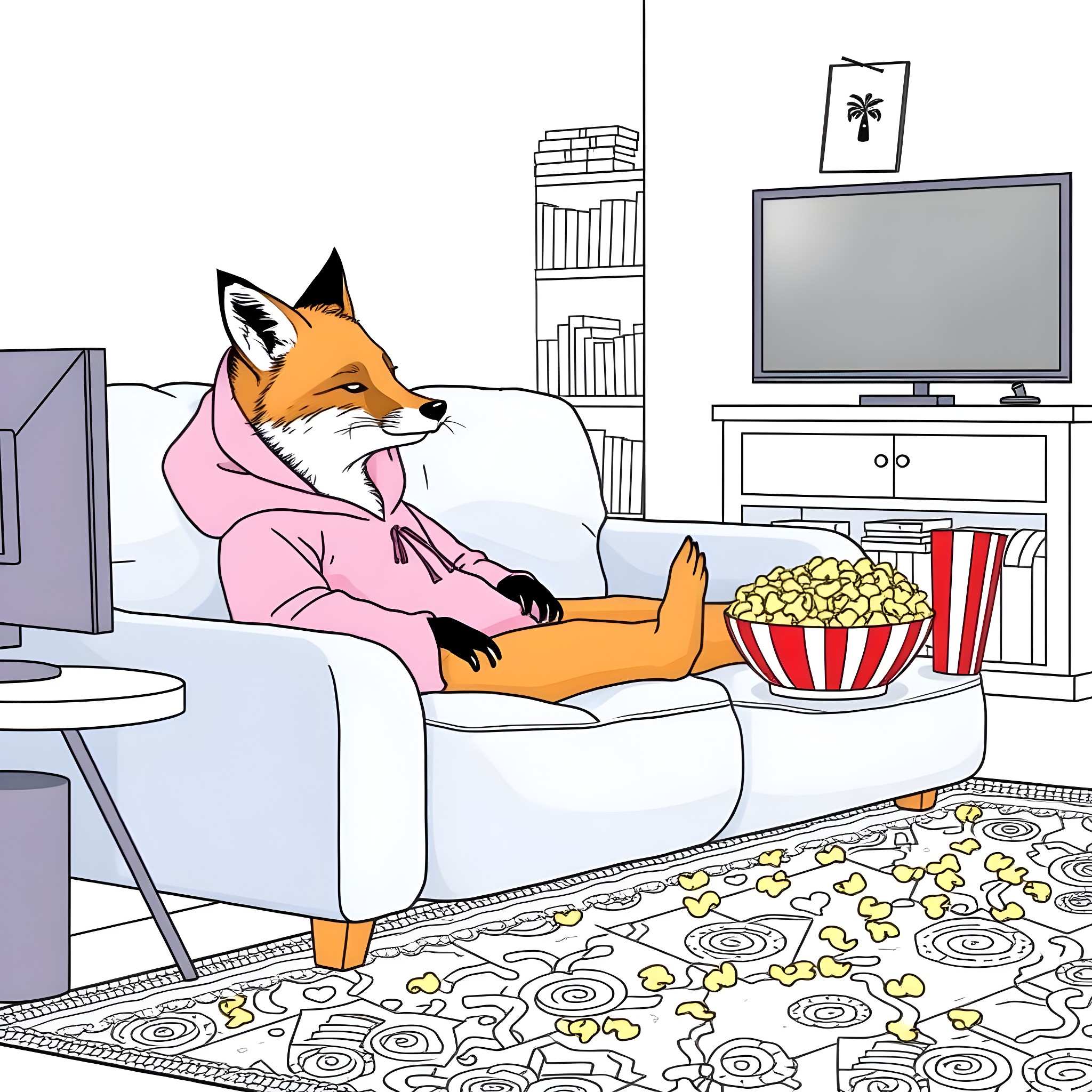 Fox relaxing comfortably on the couch with snacks Coloring Page (free black-and-white line drawing printable PDF for all, from beginners to advanced learners, including children, teens, adults, and seniors)