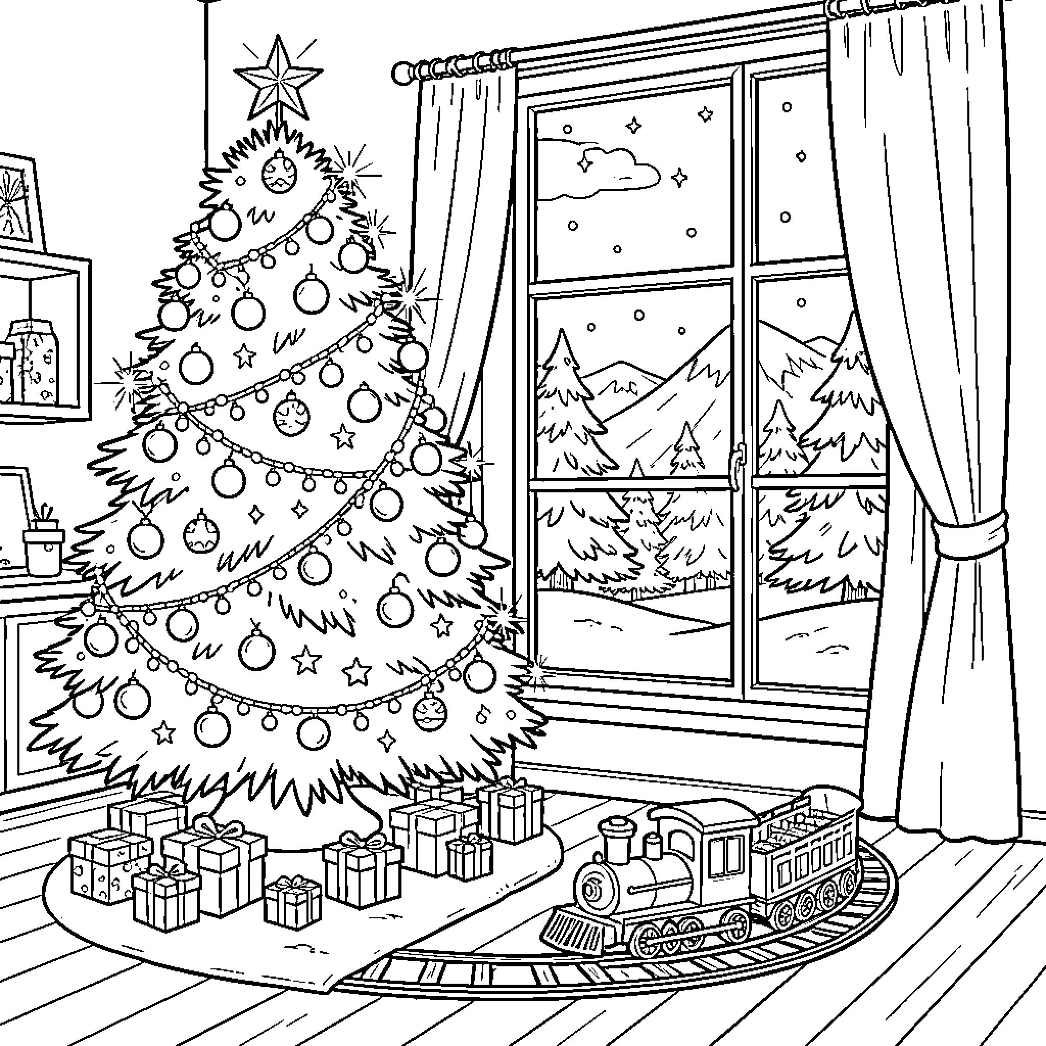 Árbol con adornos navideños en escena festiva Coloring Page (free black-and-white line drawing printable PDF for all, from beginners to advanced learners, including children, teens, adults, and seniors)