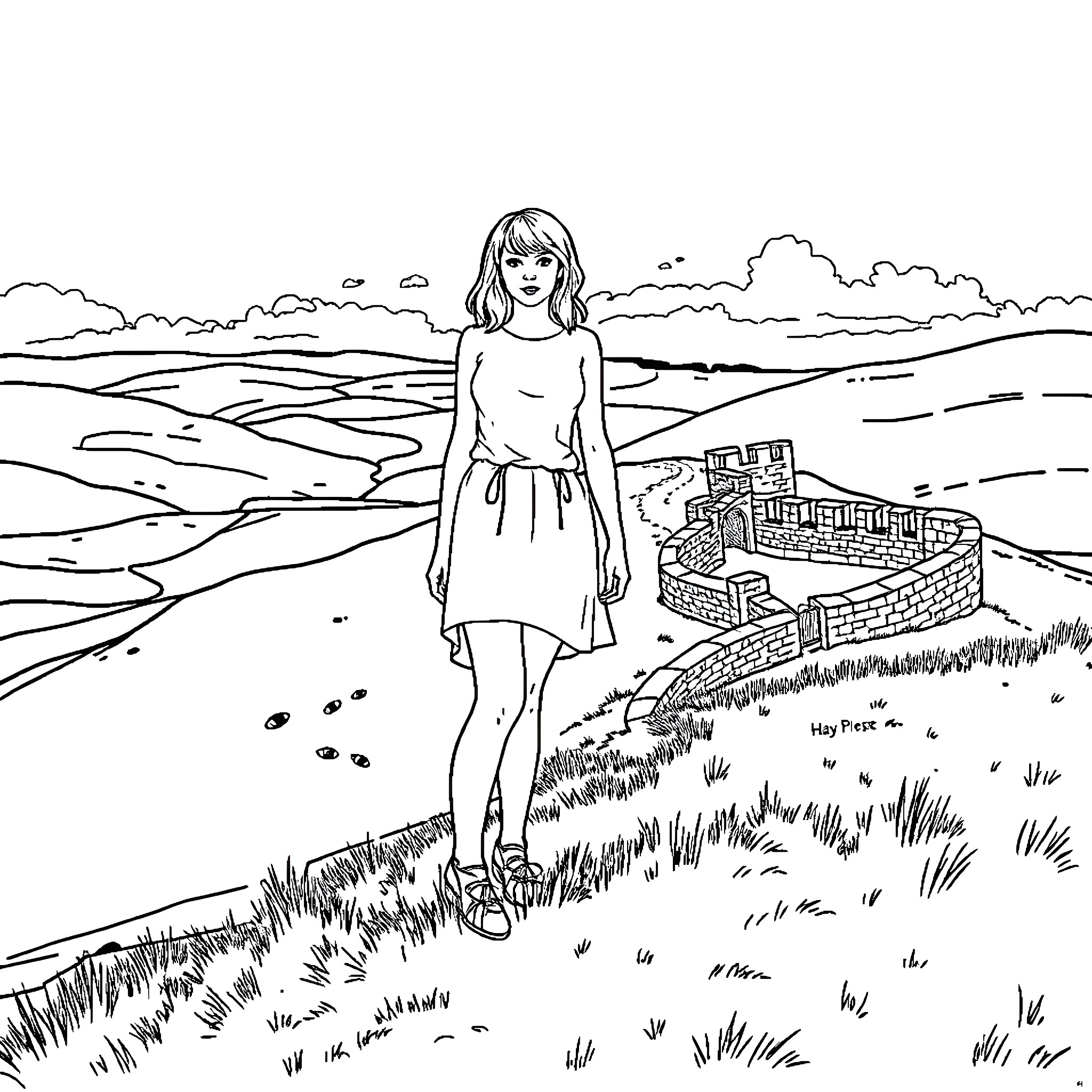 Taylor Swift in serene countryside landscape Coloring Page (free black-and-white line drawing printable PDF for all, from beginners to advanced learners, including children, teens, adults, and seniors)