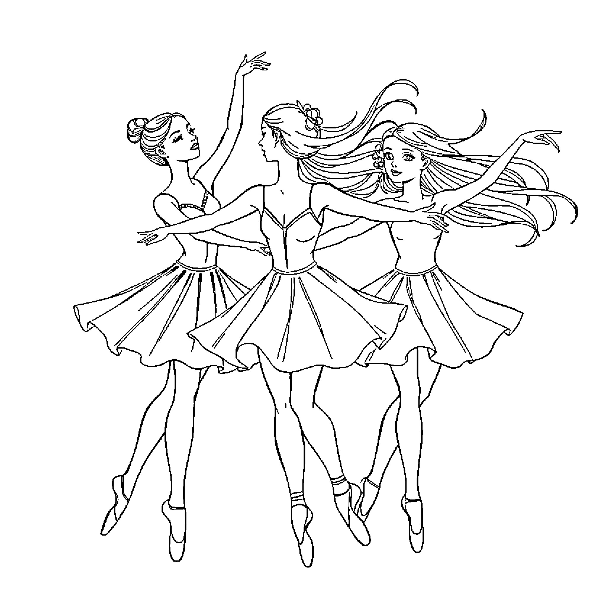Ballet Dancers in Graceful Performance Coloring Page (free black-and-white line drawing printable PDF for all, from beginners to advanced learners, including children, teens, adults, and seniors)