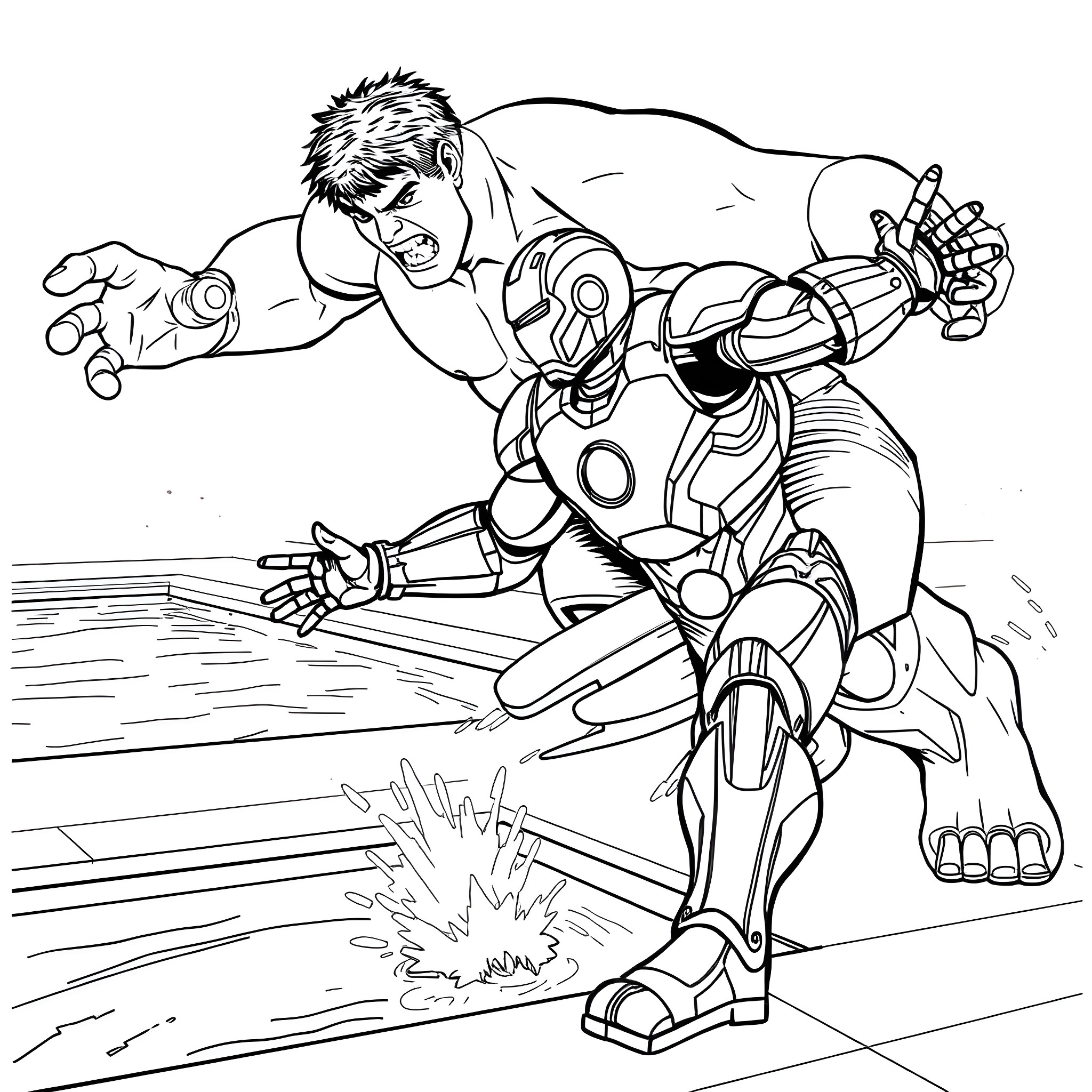 Ironman in action, powering through obstacles Coloring Page (free black-and-white line drawing printable PDF for all, from beginners to advanced learners, including children, teens, adults, and seniors)