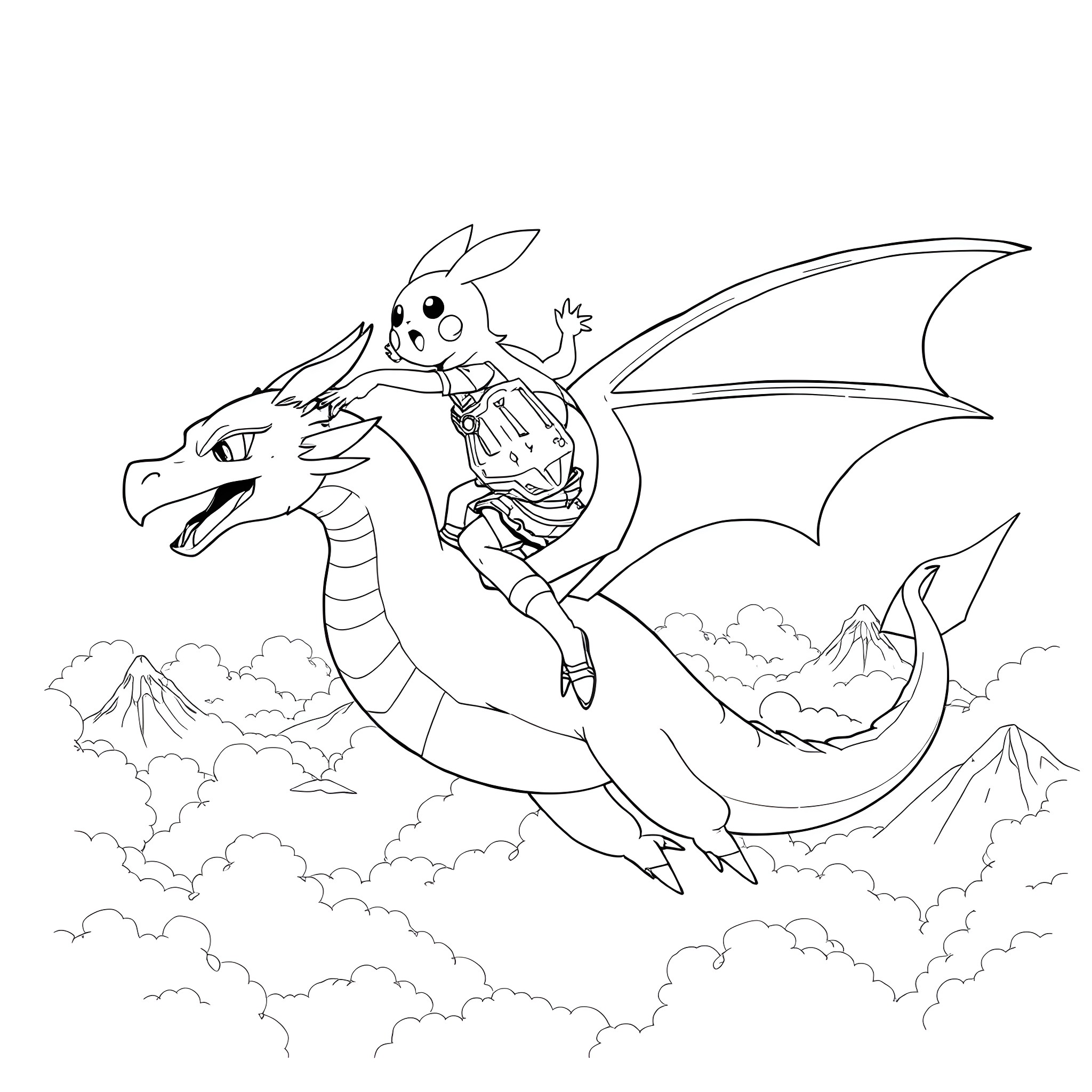 Pikachu riding a dragon in the sky Coloring Page (free black-and-white line drawing printable PDF for all, from beginners to advanced learners, including children, teens, adults, and seniors)
