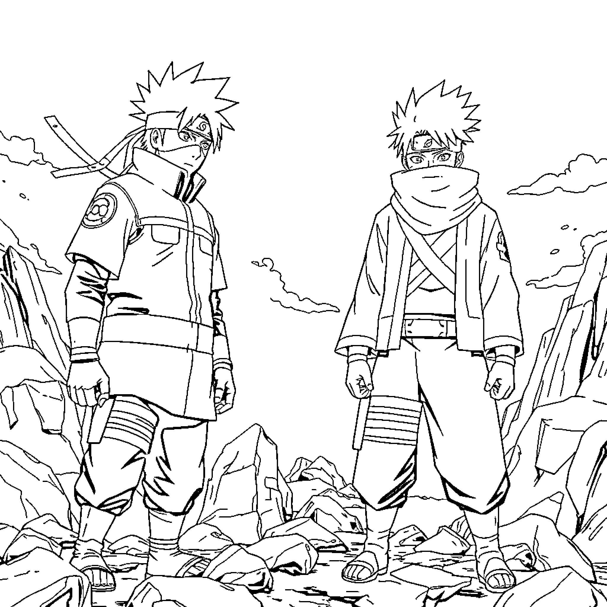 Kakashi characters in action poses on rocky terrain Coloring Page (free black-and-white line drawing printable PDF for all, from beginners to advanced learners, including children, teens, adults, and seniors)