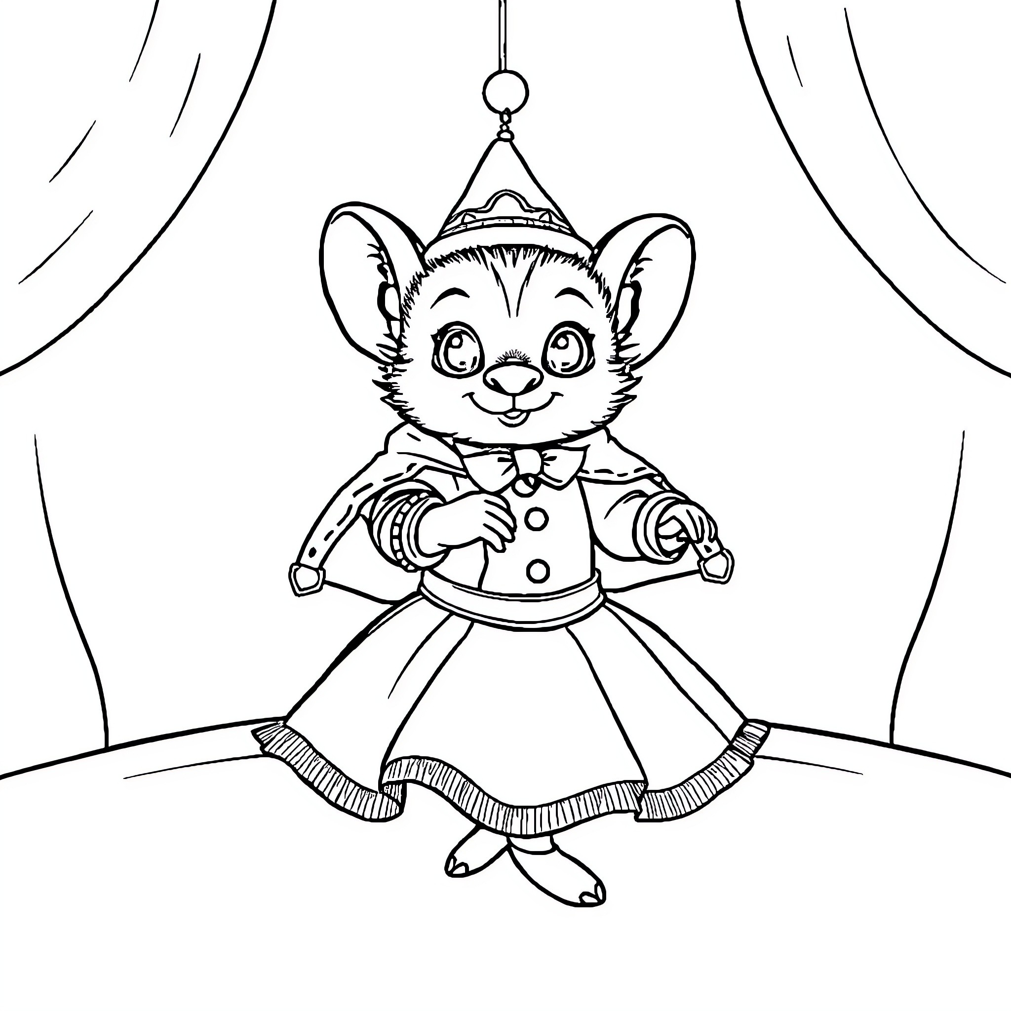 Penguin ballerina performing on stage Coloring Page (free black-and-white line drawing printable PDF for all, from beginners to advanced learners, including children, teens, adults, and seniors)