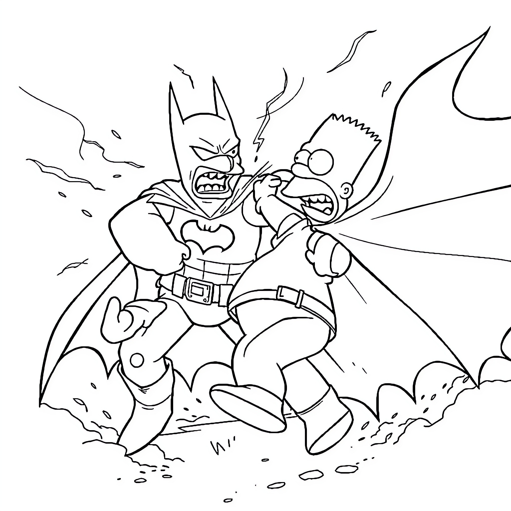 Batman fighting against an aggressive villain Coloring Page (free black-and-white line drawing printable PDF for all, from beginners to advanced learners, including children, teens, adults, and seniors)