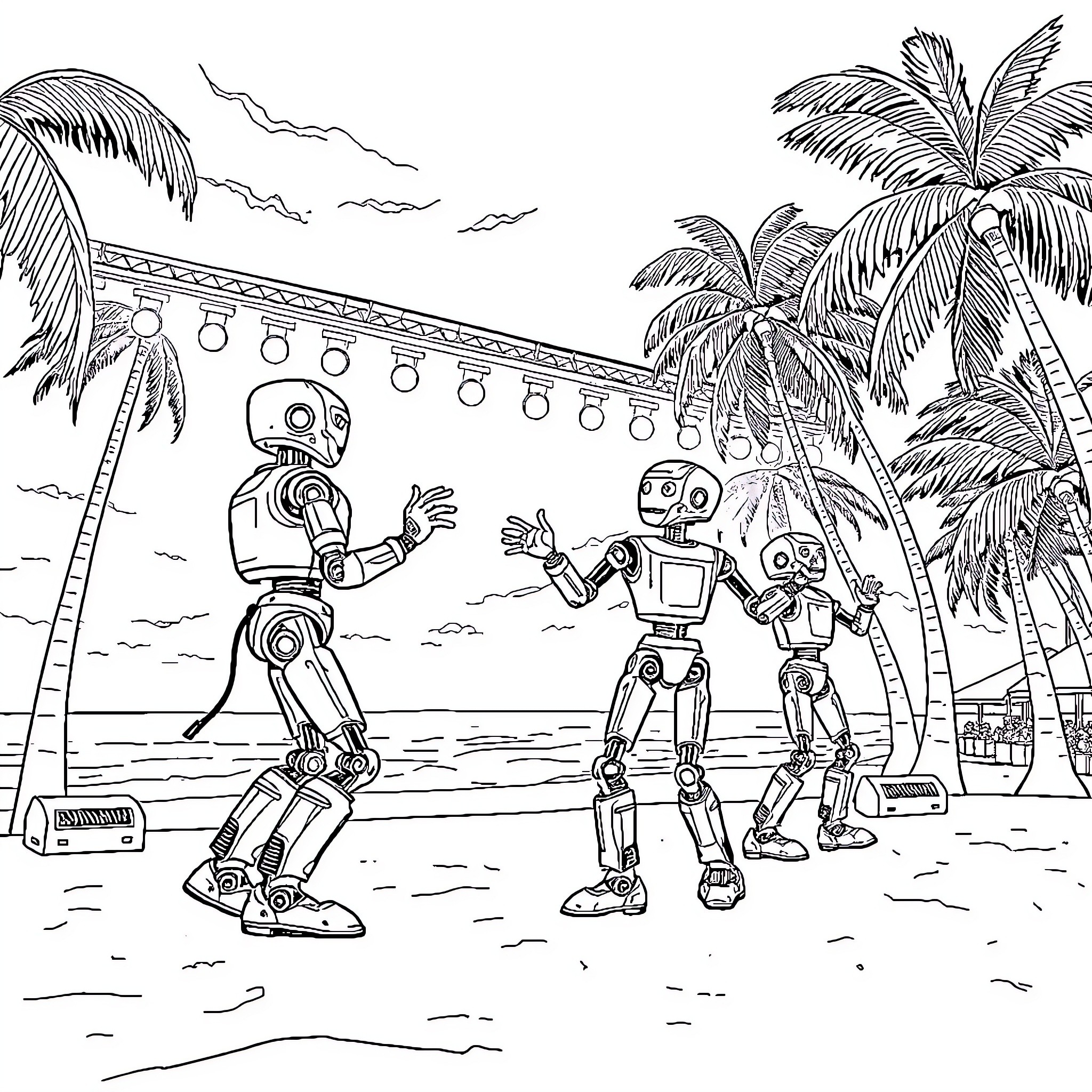 Robots enjoying a tropical beach party Coloring Page (free black-and-white line drawing printable PDF for all, from beginners to advanced learners, including children, teens, adults, and seniors)