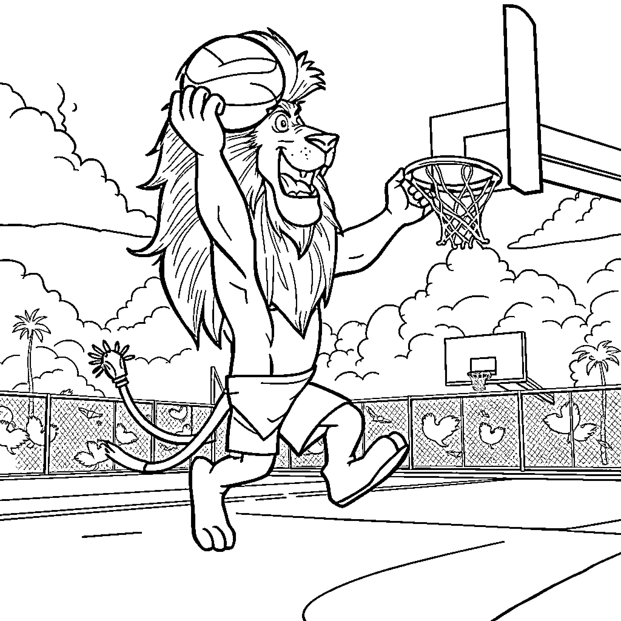 Lion-O playing basketball on the court Coloring Page (free black-and-white line drawing printable PDF for all, from beginners to advanced learners, including children, teens, adults, and seniors)