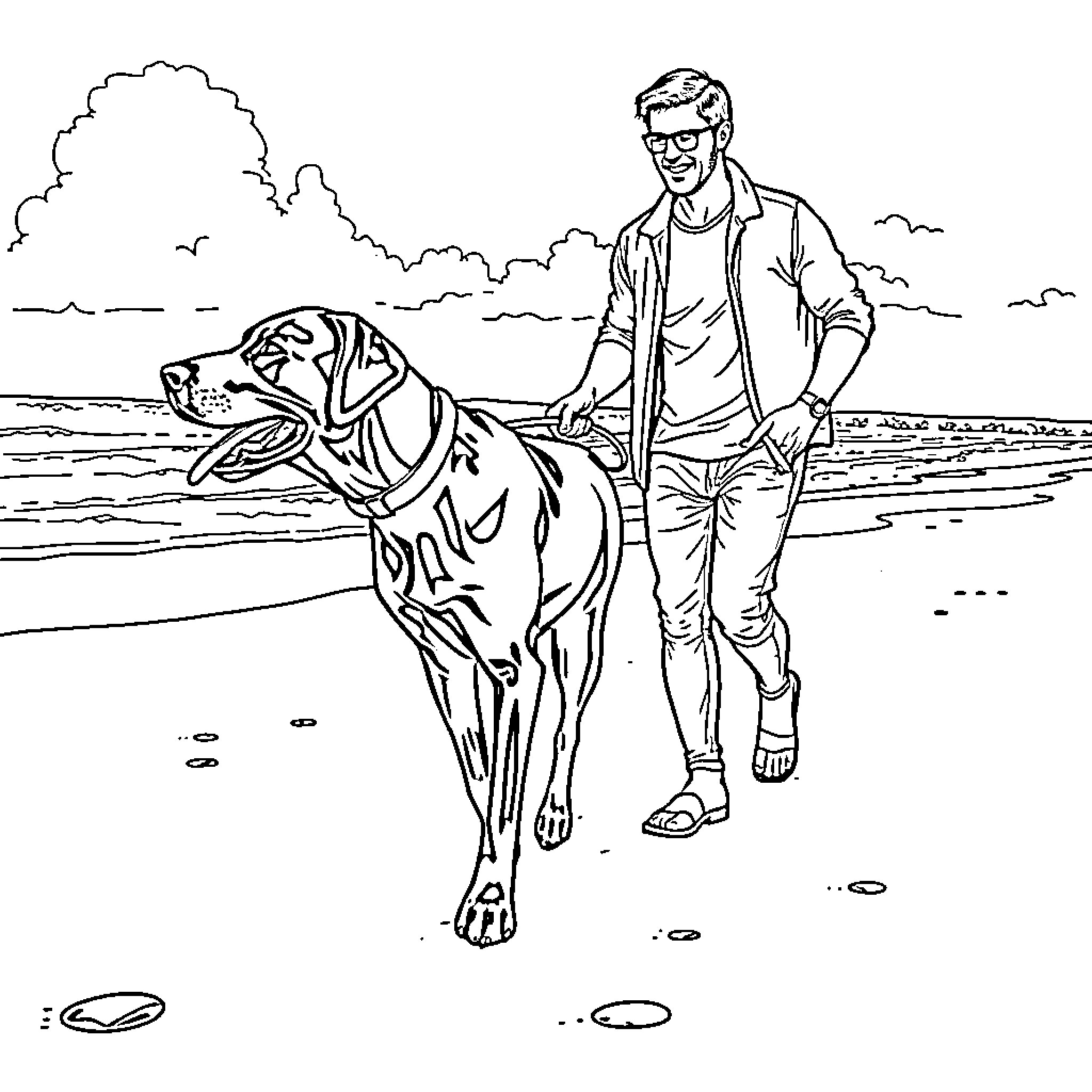 Labrador walking with owner on beach Coloring Page (free black-and-white line drawing printable PDF for all, from beginners to advanced learners, including children, teens, adults, and seniors)