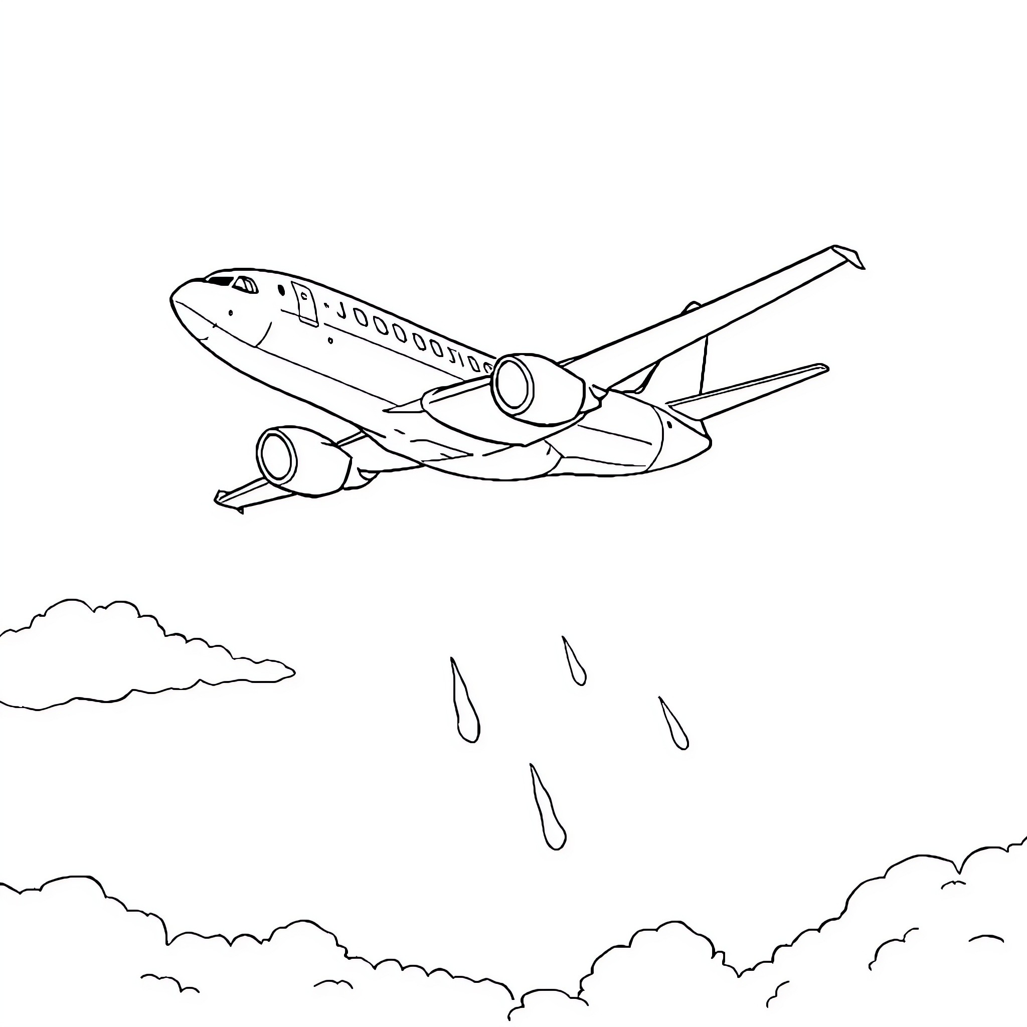 Airplane taking off in rainy weather Coloring Page (free black-and-white line drawing printable PDF for all, from beginners to advanced learners, including children, teens, adults, and seniors)