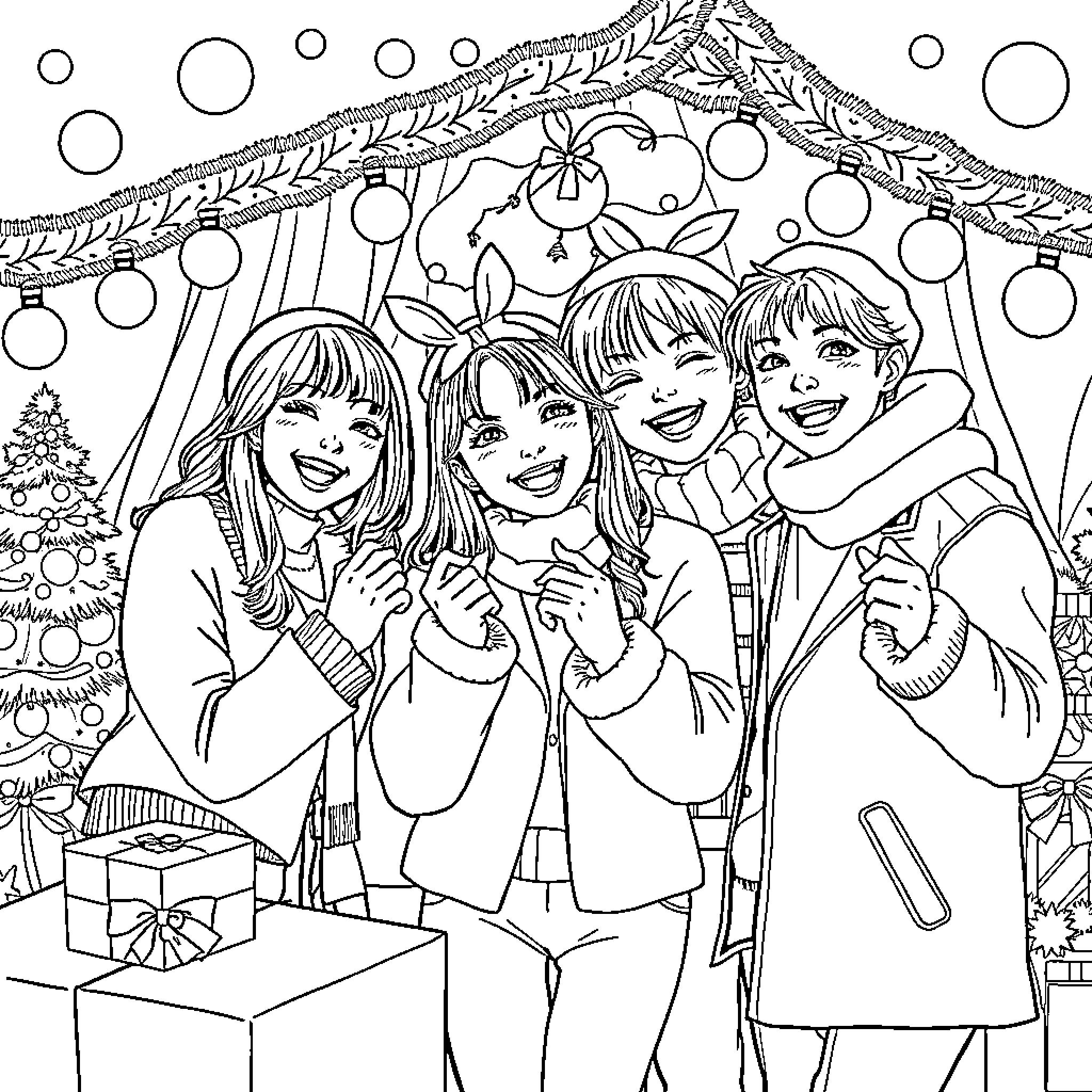 Huntrix Friends Celebrate the Holidays Together Coloring Page (free black-and-white line drawing printable PDF for all, from beginners to advanced learners, including children, teens, adults, and seniors)
