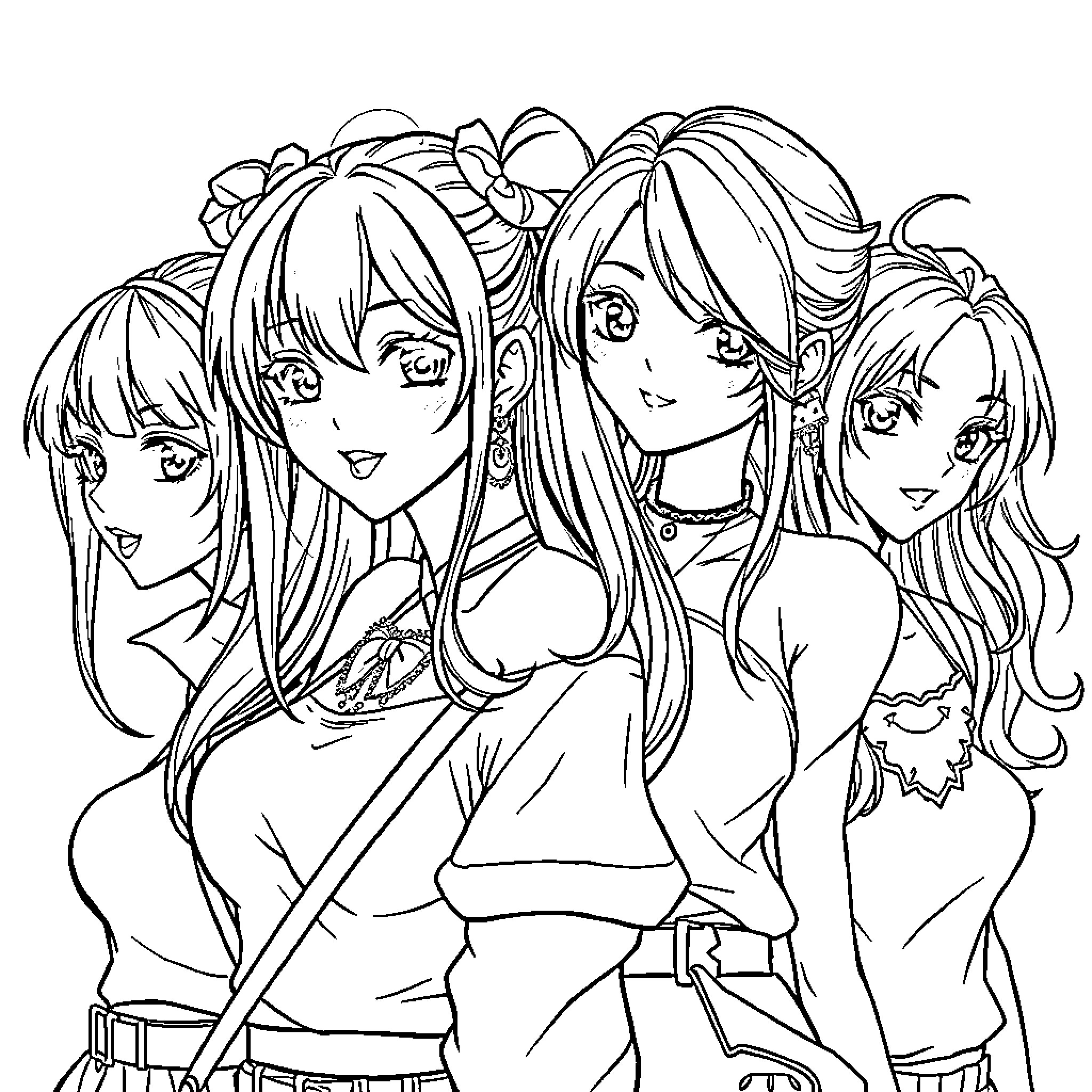 Anime Characters Posing Together Stylishly Coloring Page (free black-and-white line drawing printable PDF for all, from beginners to advanced learners, including children, teens, adults, and seniors)