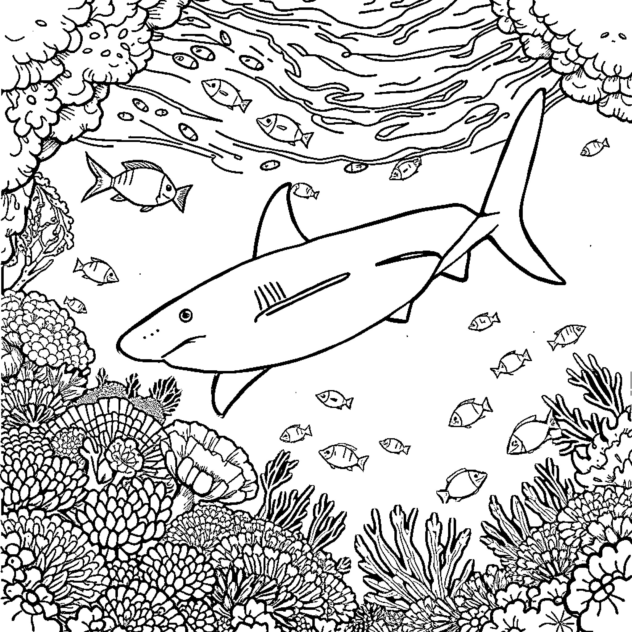 Shark swimming among colorful marine life Coloring Page (free black-and-white line drawing printable PDF for all, from beginners to advanced learners, including children, teens, adults, and seniors)