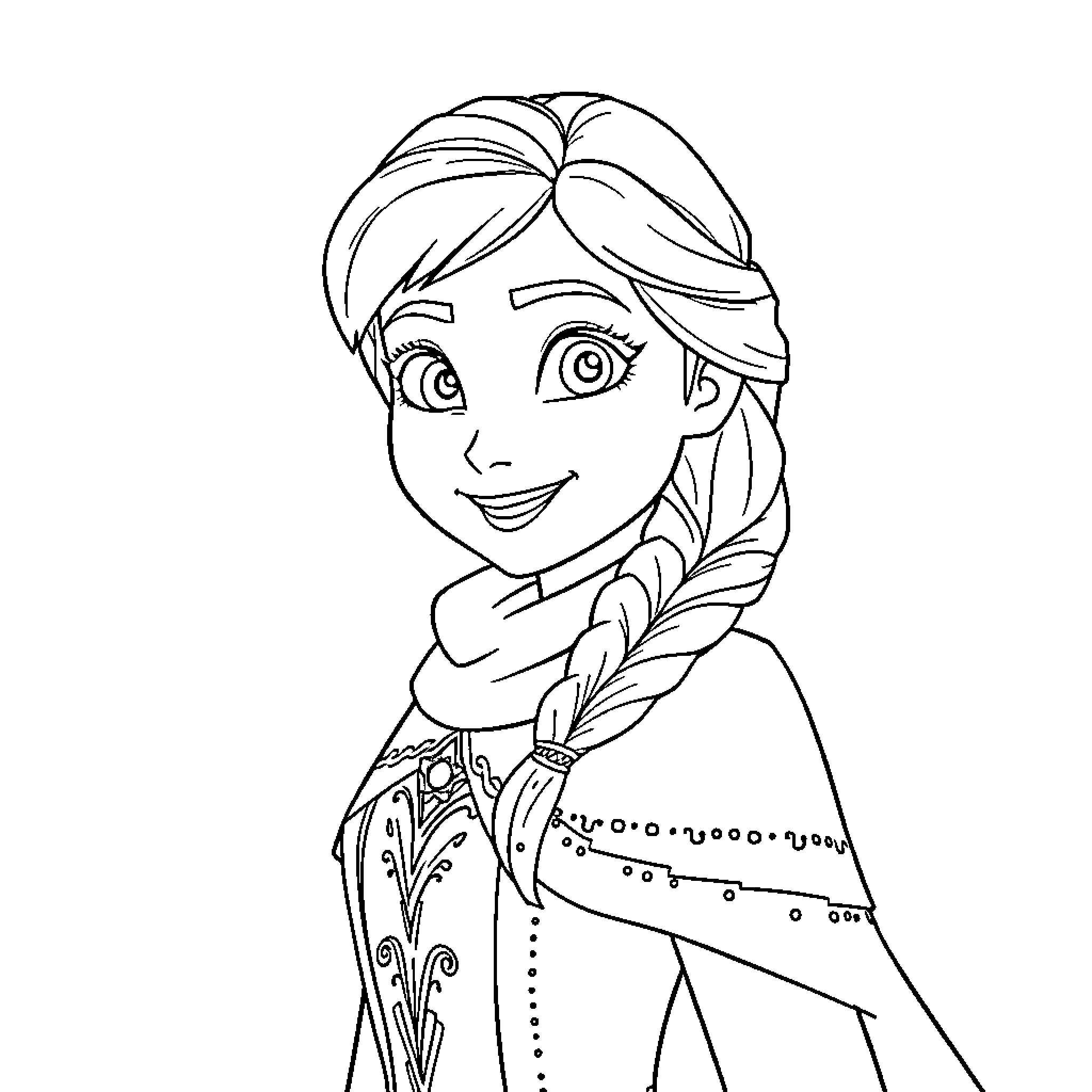 Anna in a Smiling Pose Coloring Page (free black-and-white line drawing printable PDF for all, from beginners to advanced learners, including children, teens, adults, and seniors)