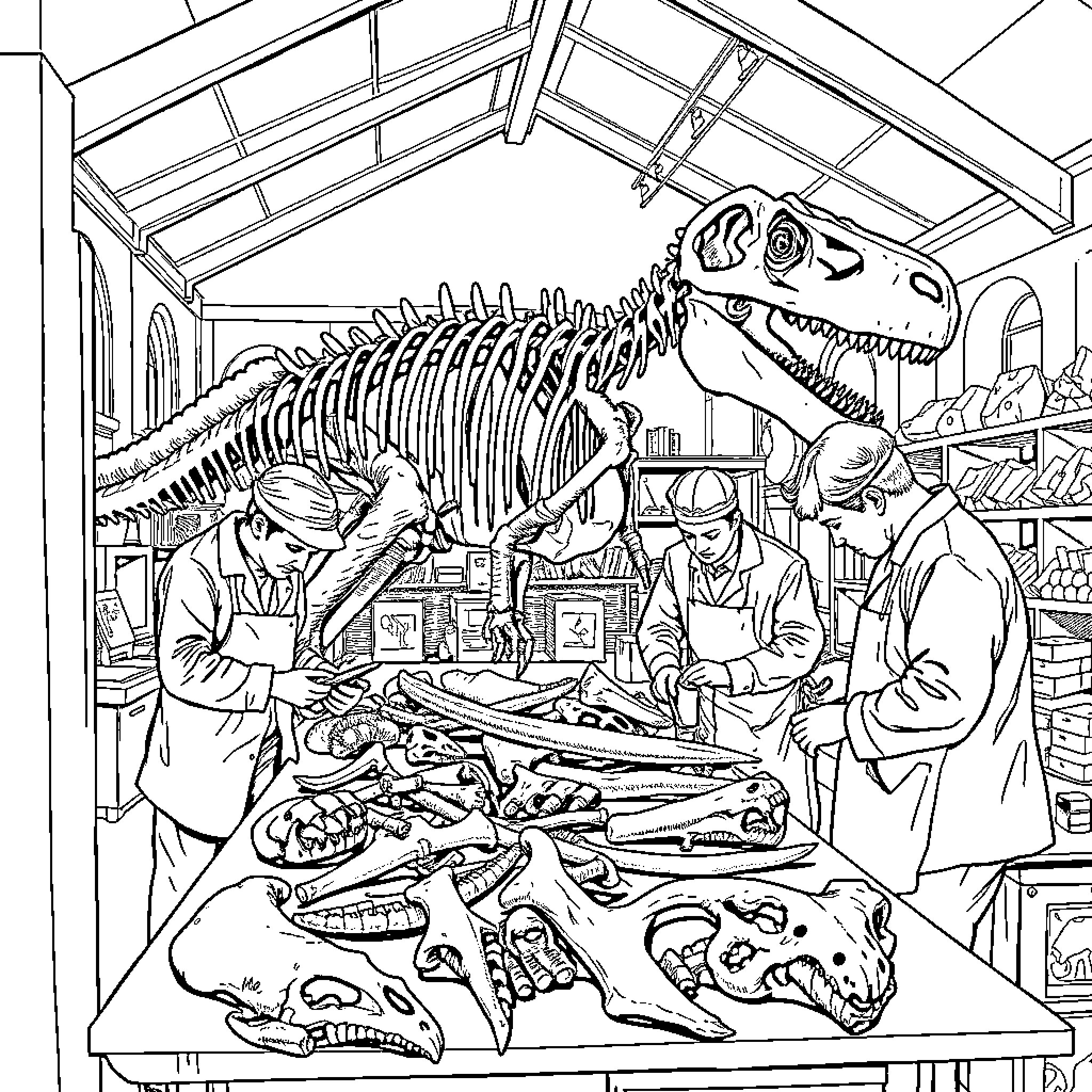 Dinosaur Skeleton Excavation in a Museum Workshop Coloring Page (free black-and-white line drawing printable PDF for all, from beginners to advanced learners, including children, teens, adults, and seniors)