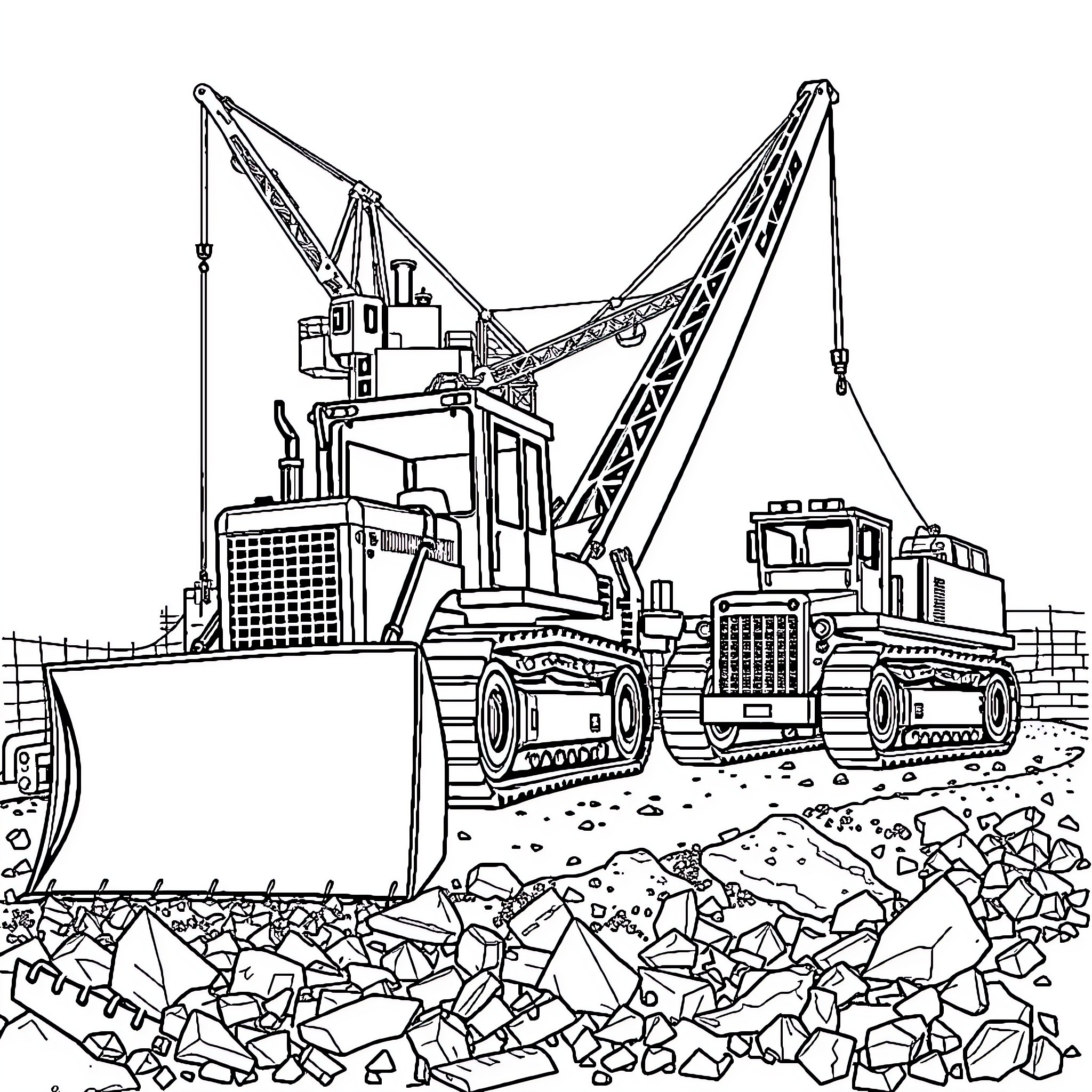 Heavy Equipment Working on Construction Site Coloring Page (free black-and-white line drawing printable PDF for all, from beginners to advanced learners, including children, teens, adults, and seniors)