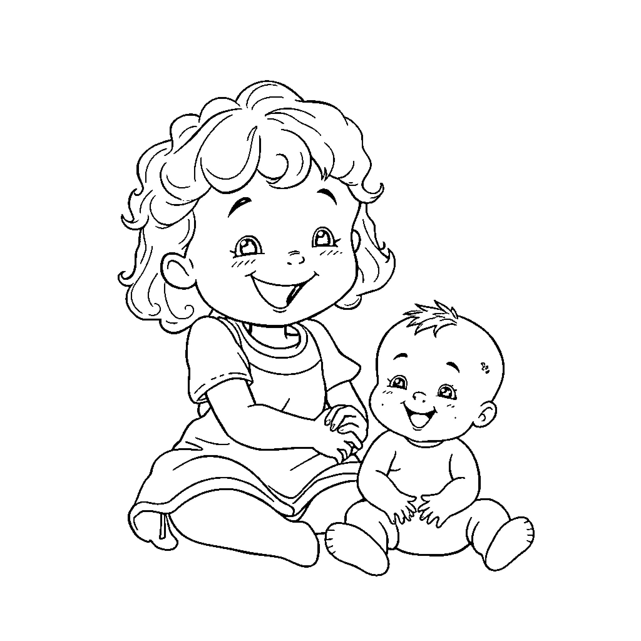 Girl playing happily with baby in black and white Coloring Page (free black-and-white line drawing printable PDF for all, from beginners to advanced learners, including children, teens, adults, and seniors)