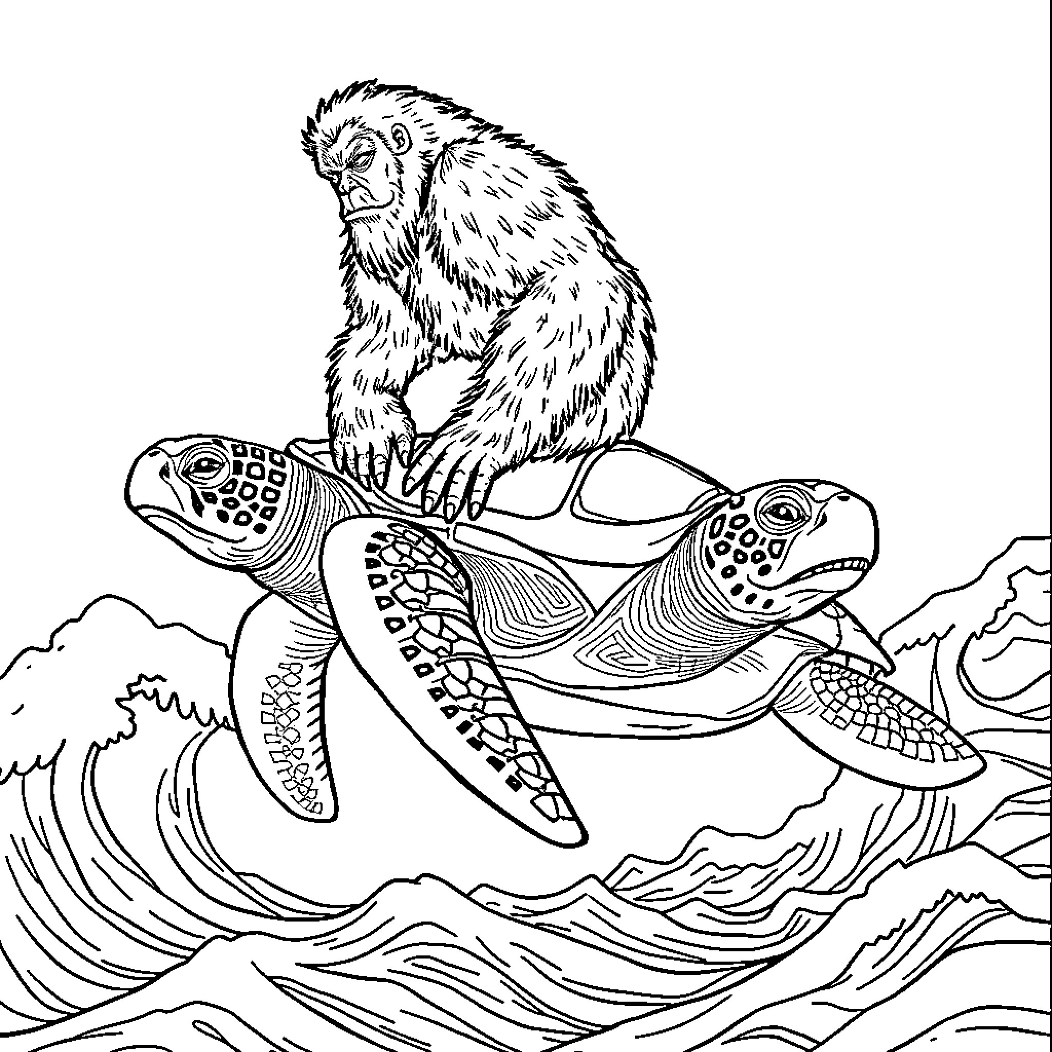 Bigfoot riding a sea turtle in the ocean Coloring Page (free black-and-white line drawing printable PDF for all, from beginners to advanced learners, including children, teens, adults, and seniors)