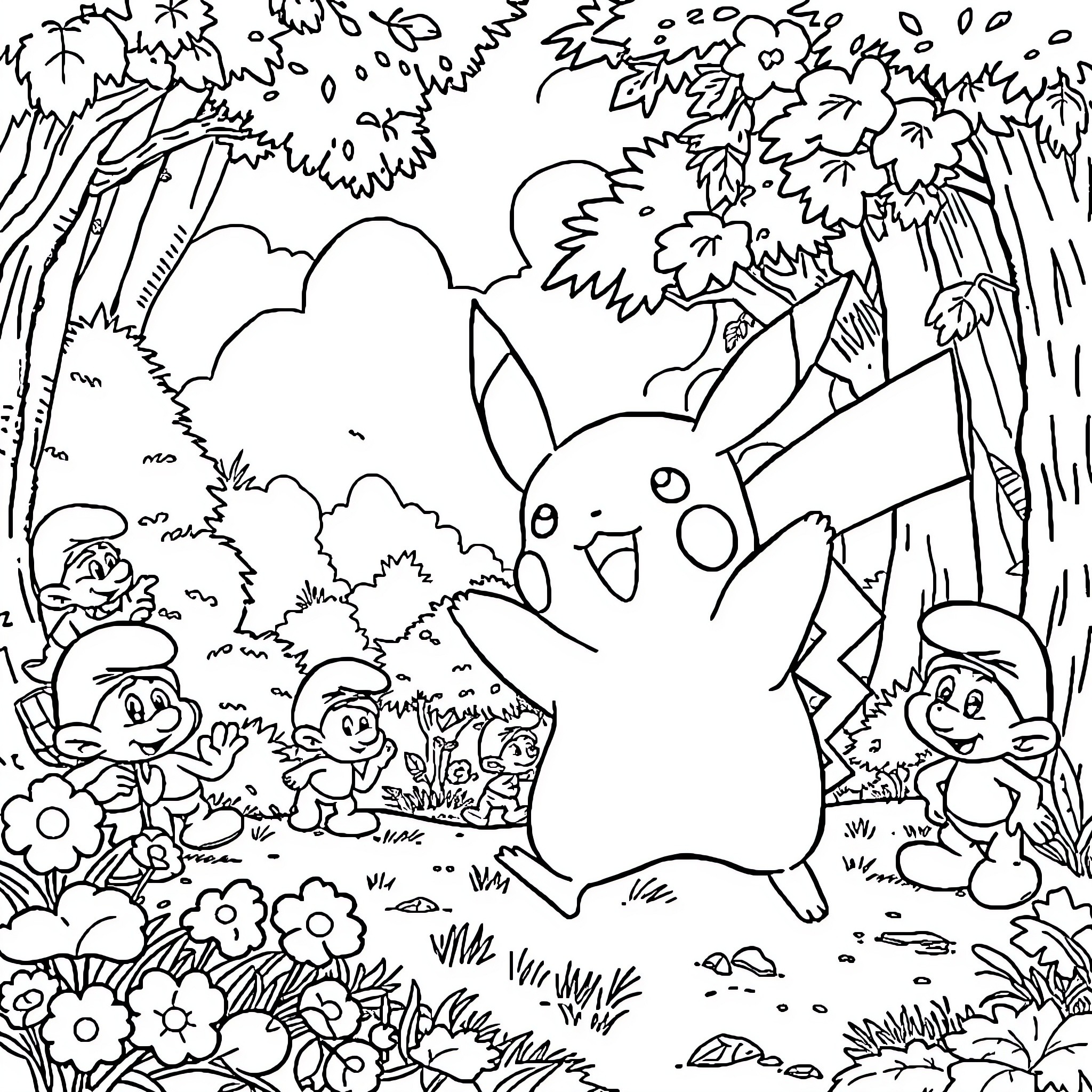 Pikachu in a Magical Forest Scene Coloring Page (free black-and-white line drawing printable PDF for all, from beginners to advanced learners, including children, teens, adults, and seniors)