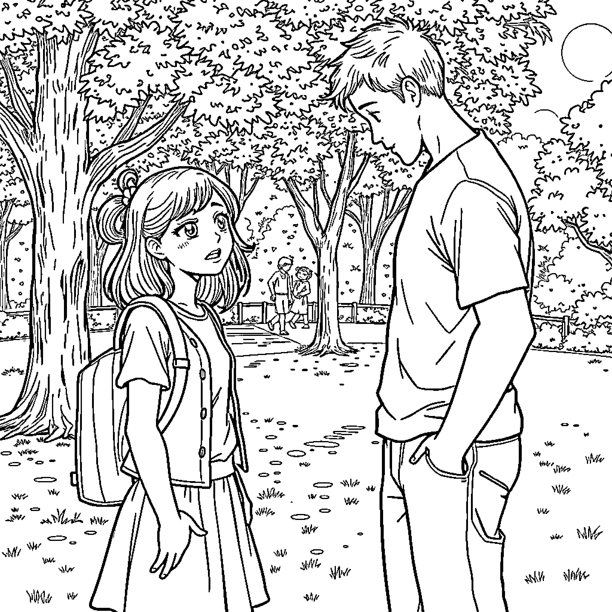 Girl and boy in conversation in park Coloring Page (free black-and-white line drawing printable PDF for all, from beginners to advanced learners, including children, teens, adults, and seniors)