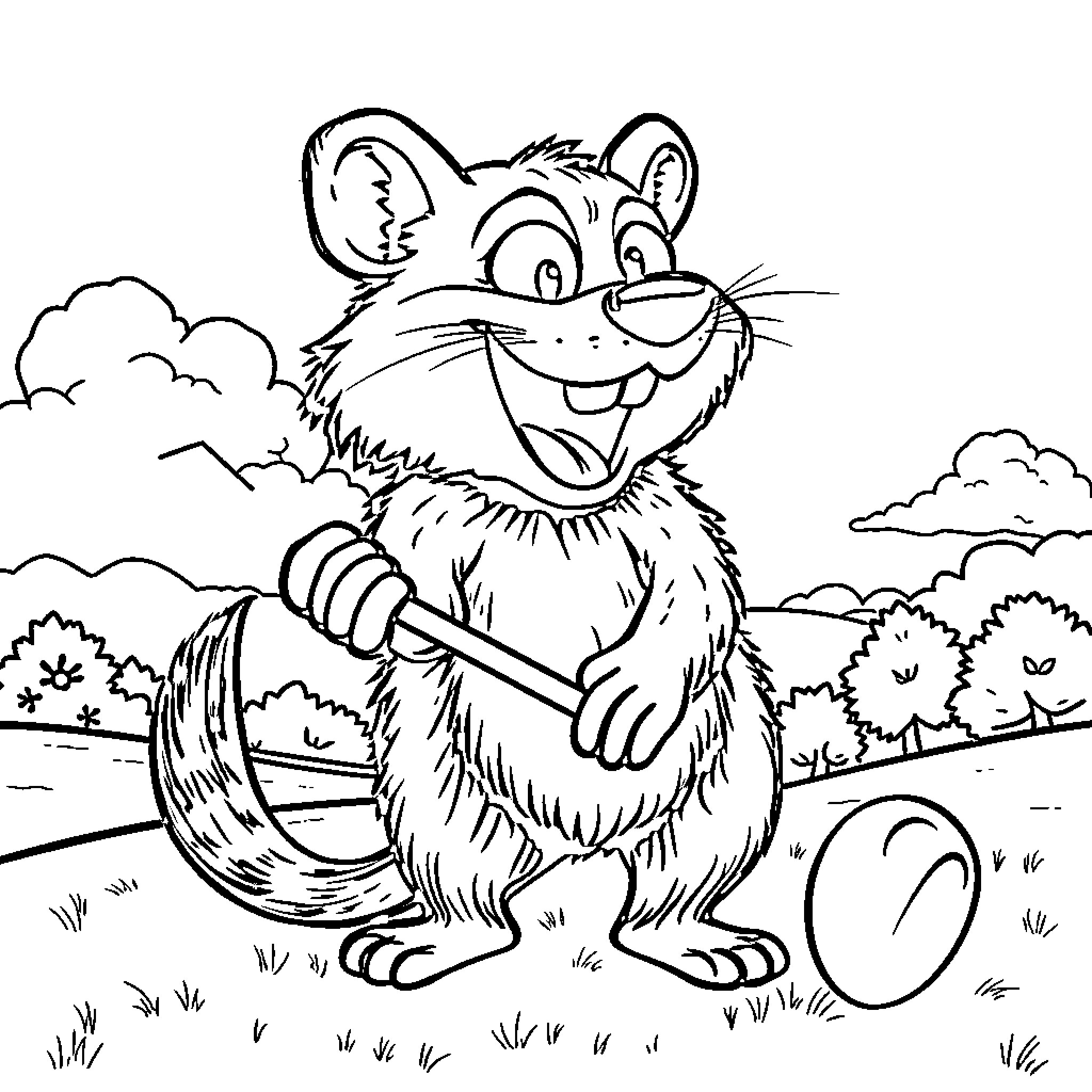 Tasmanian Devil laughing and holding a stick Coloring Page (free black-and-white line drawing printable PDF for all, from beginners to advanced learners, including children, teens, adults, and seniors)